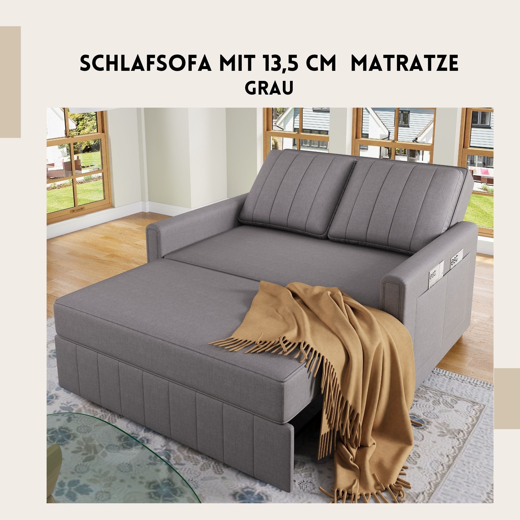 SeedWave Schlafsofa mit 13,5 cm Matratze, verstellbarer Rückenlehne 105°/138°/180°, 2 Kissen, Leinenstoff, platzsparendes Design mit Seitentaschen