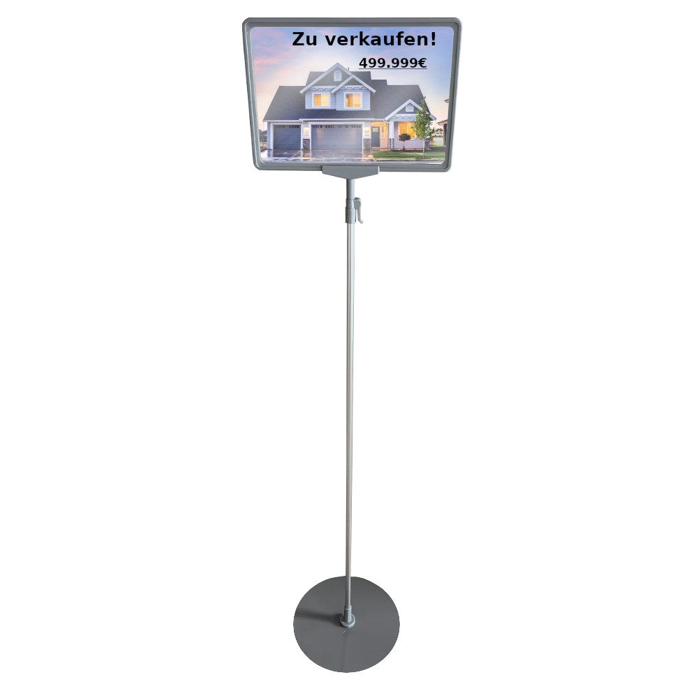 LMG Germany Standtafel Plakatständer, Kundenstopper in DIN A4, Silber, 100-170 cm, Höhenverstellbar, drehbar, mobil, stabil, ideal für Innenräume