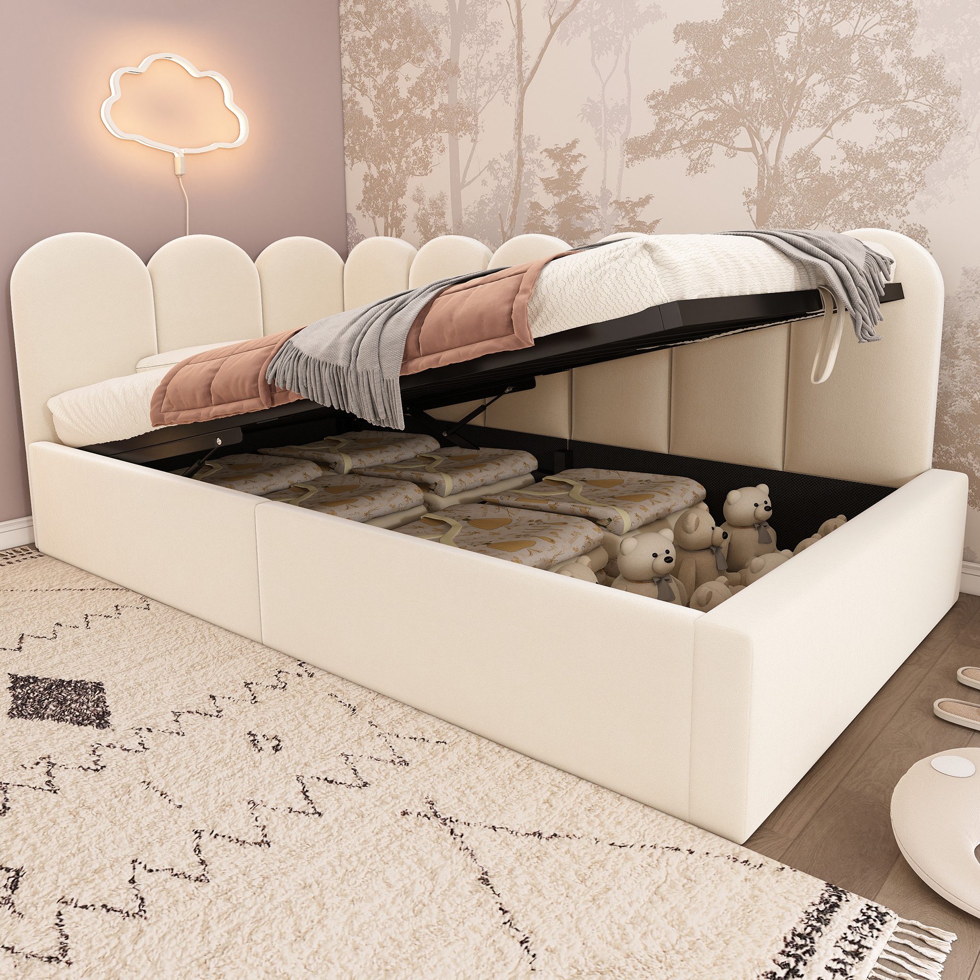 Celya Polsterbett Daybett 90x200 cm,Tagesbett Schlafsofa mit hydraulischem Stauraum (ohne Matratze), Kinderbett mit Metall-Lattenrost, Samt, Beige
