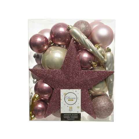 Decoris season decorations Christbaumschmuck, Weihnachtskugeln mit Christbaumstern Kunststoff perle / rosa, 33er Set