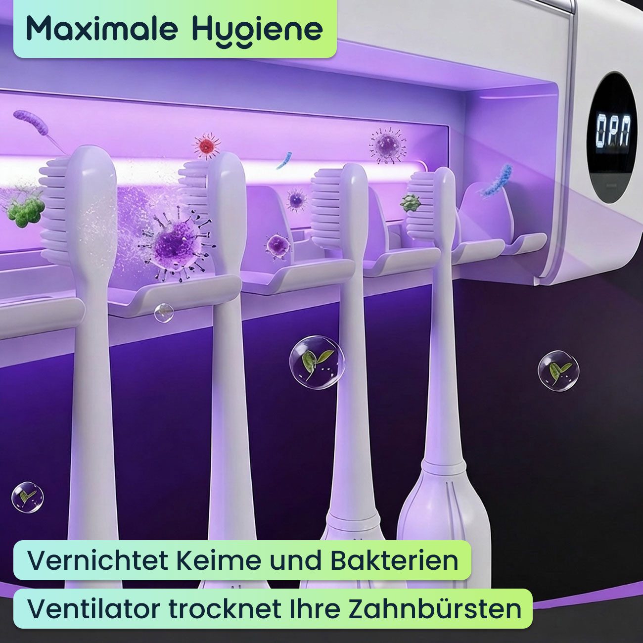 shop'n smile ideoon UV-Zahnbürstenhalter UV Zahnbürstenhalter Sterilisator mit Akku LCD-Display & Trocknung, 1-tlg., 1er-Set & 2er-Set, 2 UV-LEDs/4 Steckplätze/ – Bild 4 von 5