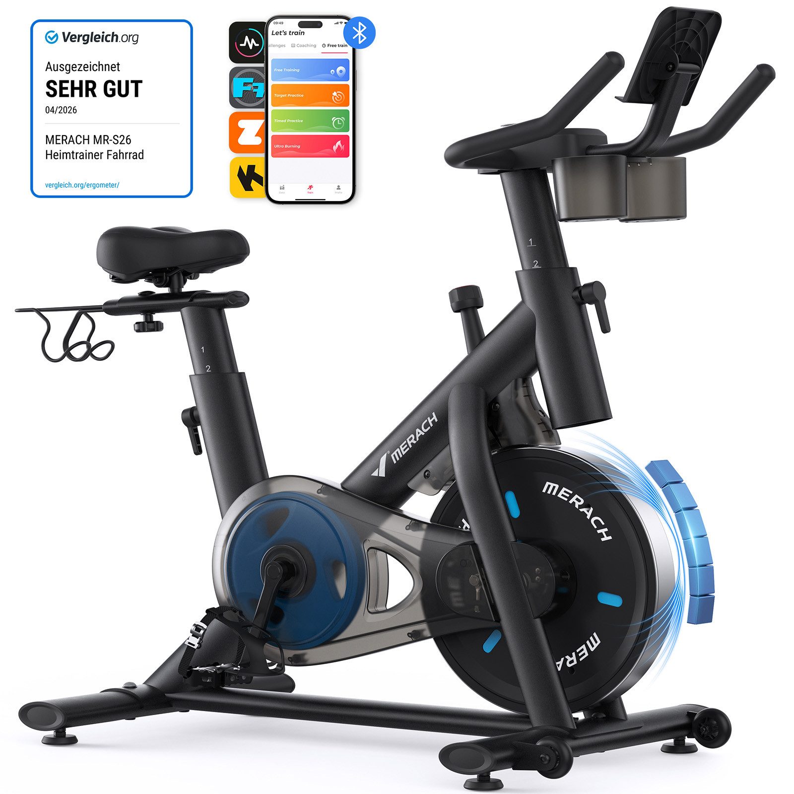 MERACH Heimtrainer Fahhrad für Zuhause, Leise Hometrainer Fahrrad mit APP (8-stufiger Magnetwiderstand, 2-Wege verstellbare rutschfeste Lenker, 1-tlg., Hometrainer Fahhrad mit LED-Display, Bluetooth, 136KG Belastbar), Indoor Cycling für Kardiotraining zu