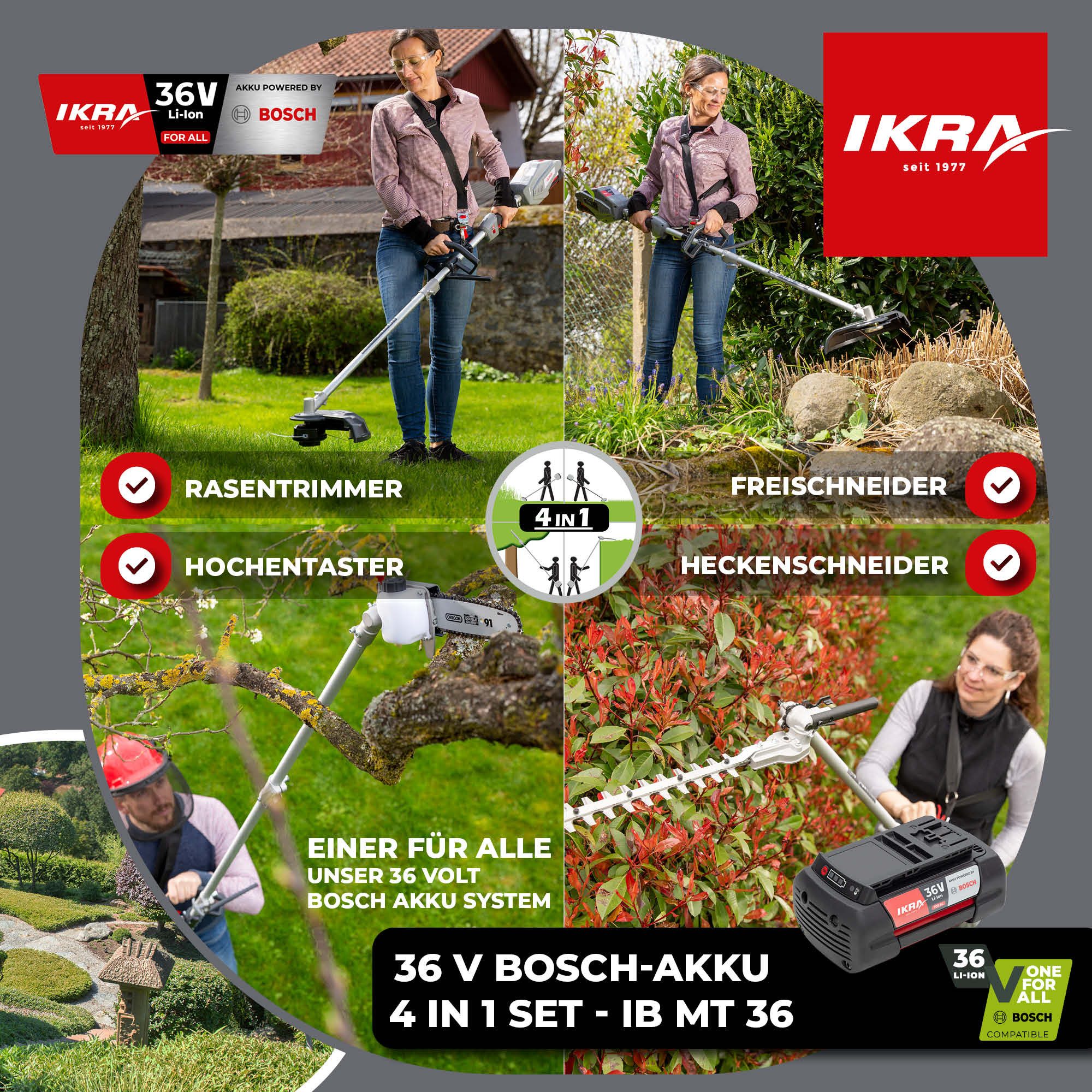 ikra GmbH Garten-Multifunktionsgerät IB-MT 36, inkl. 36V Akku (4 Ah) & Ladegerät, kompatibel mit BOSCH 36V
