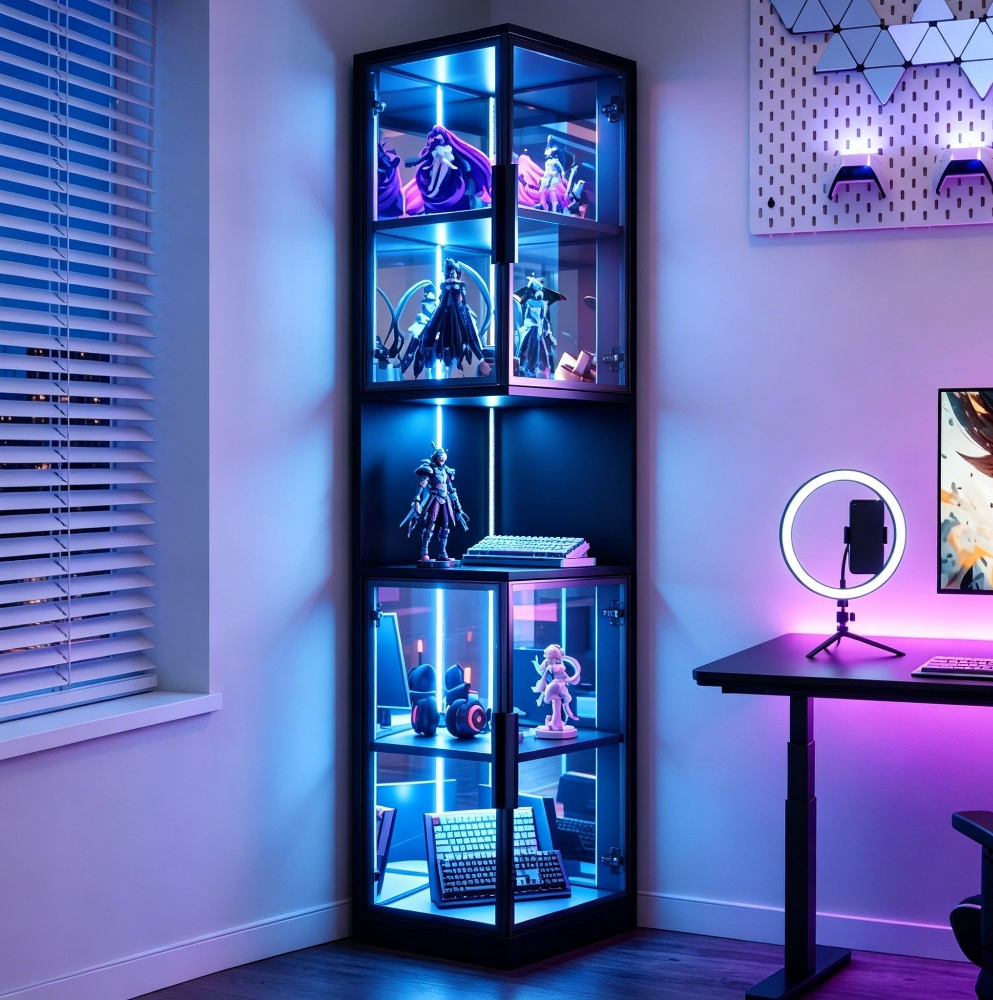 MODFU Vitrine Regal 44x205x42 cm mit LED-Beleuchtung & Glastüren (Packung, 1-St., mit farbwechselnder Beleuchtung und Kippschutzvorrichtung–elegant) mit doppelten Glastüren und verspiegelter Rückwand