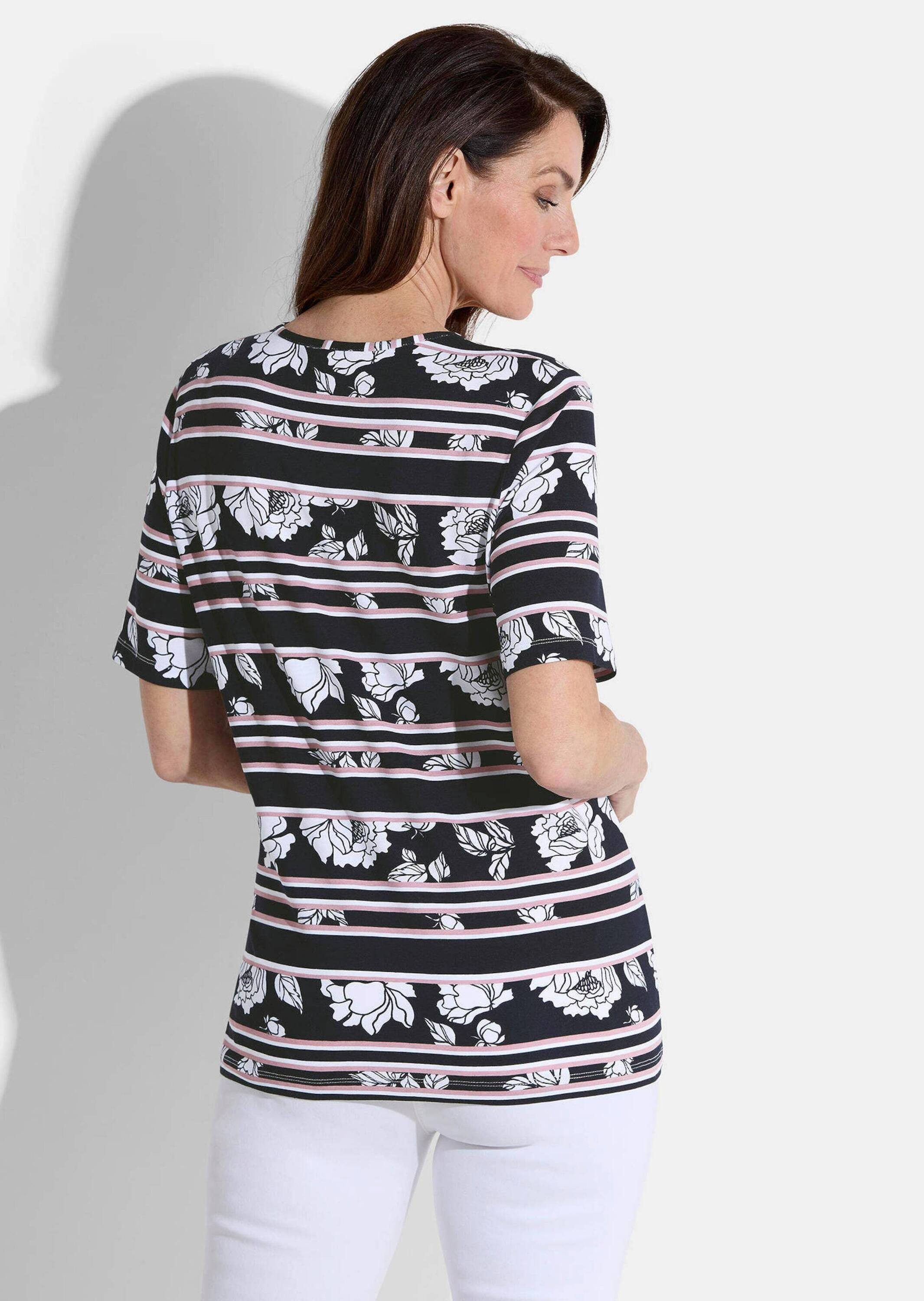 GOLDNER T-Shirt Kurzgröße: Edles Streifenshirt, florale Akzente Stilvolles Jerseyshirt mit Rundhalsausschnitt und Halbarm