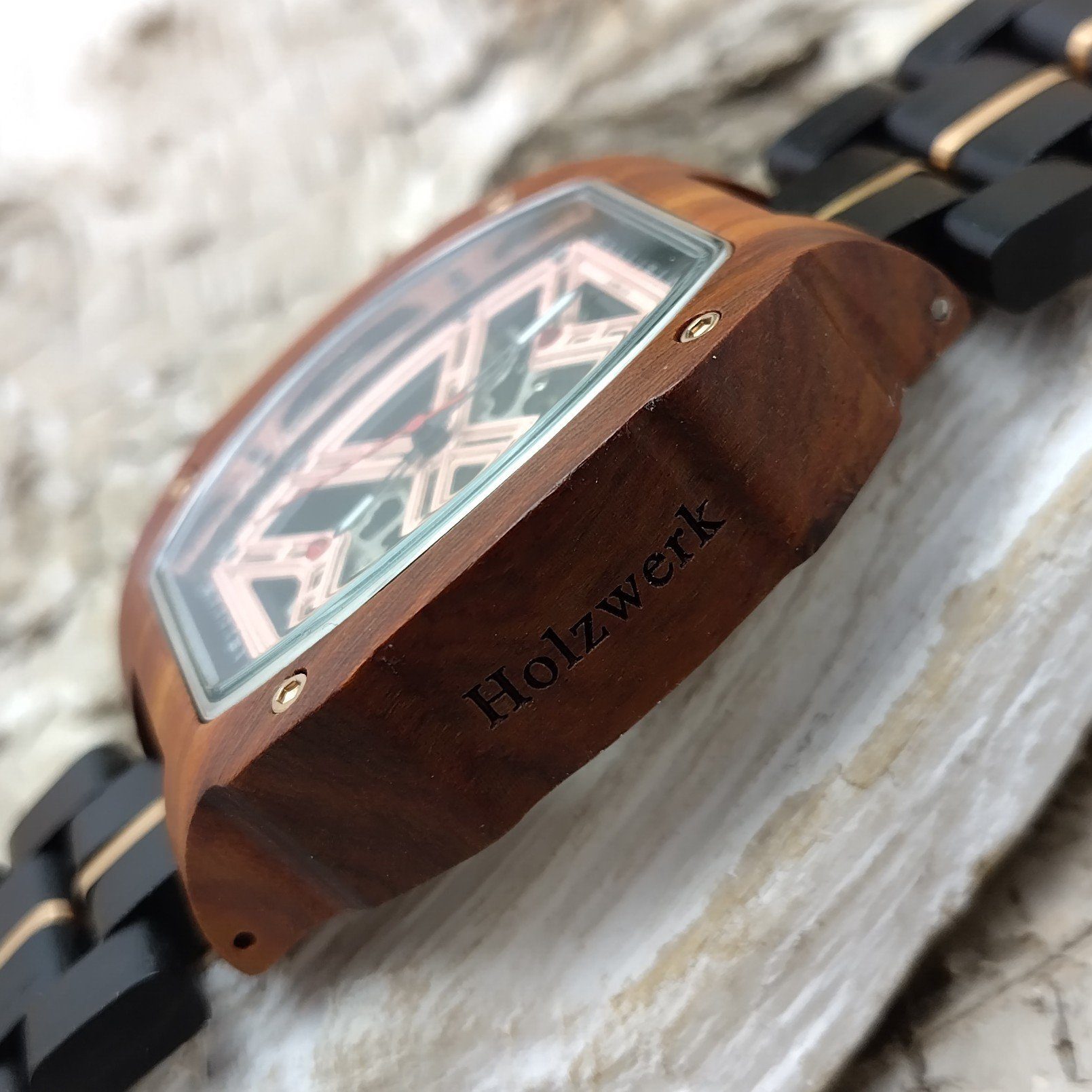 Uhr, gold Holzwerk Holz Armband Herren & Tonneau braun Automatikuhr CALW schwarz, rose