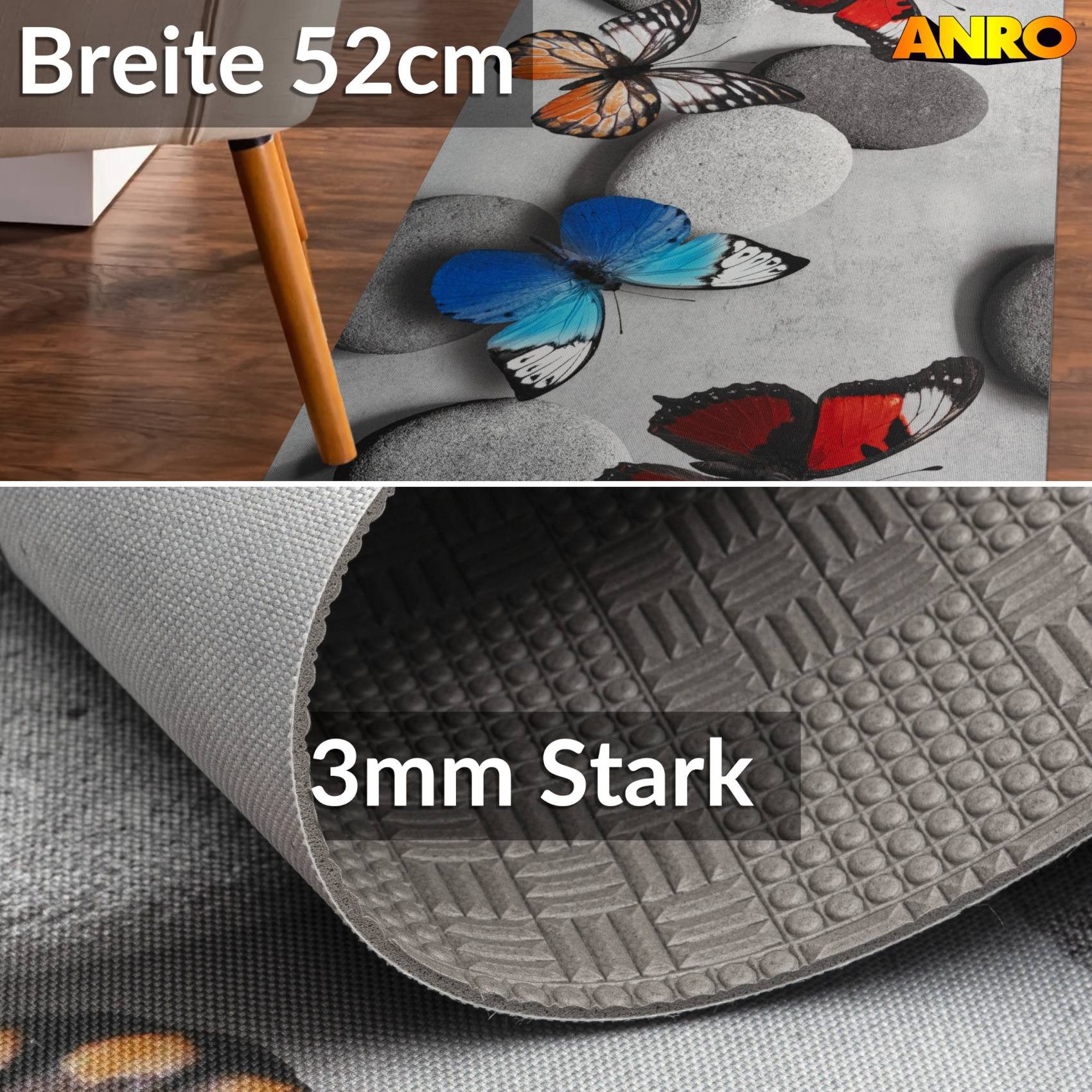 ANRO Küchenläufer LUIGI Schmetterlinge pflegeleicht hochwertig Flurläufer Küchenteppich, eckig, Höhe: 3 mm, Teppichläufer 100cm Natur Bunt wasserdicht – Bild 2 von 5