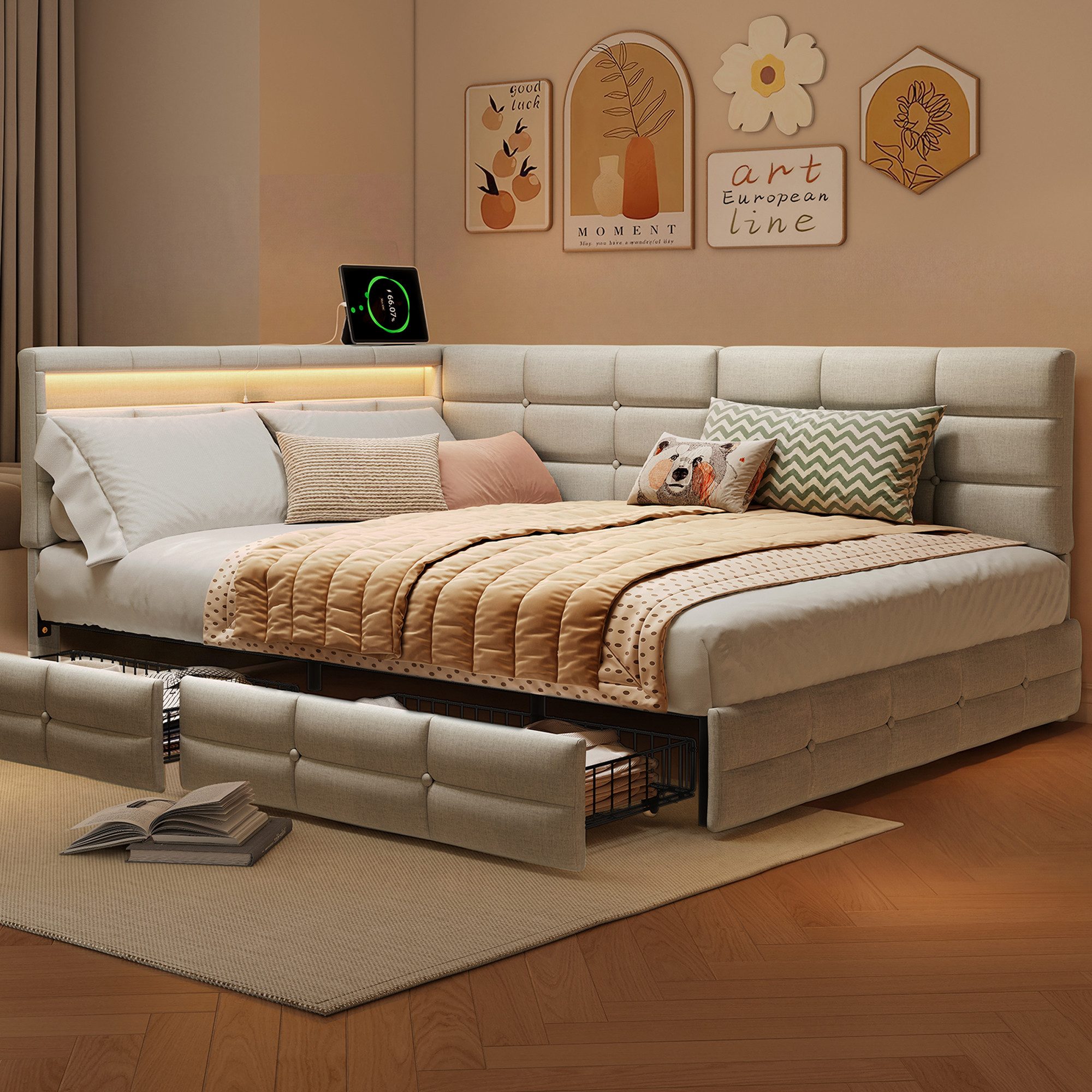 zebery Schlafsofa Polsterbett Daybett Tagesbett mit LED-Leuchten und USB+Typ C, Set 1 Teile, 140x200 cm,2 Schubladen,Multifunktionsbett,Gepolstert,Leinen,Beige