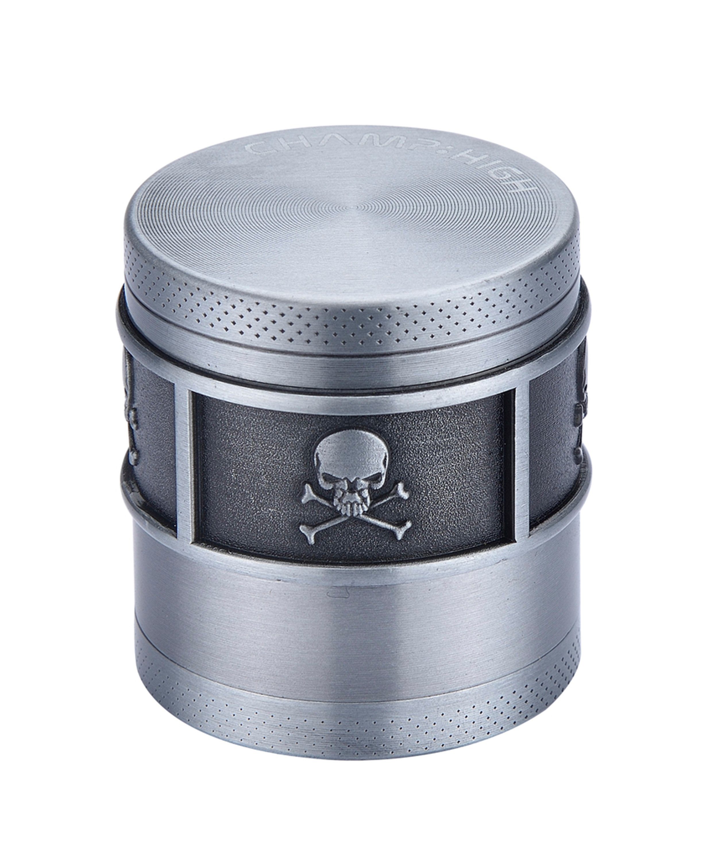 CHAMP HIGH Kräutermühle GRINDER "Totenkopf" 40mm 4-teilig Metall Crusher Sieb 030 (Silber), Skull Tabak Gewürz Kräuter Mühle Herb