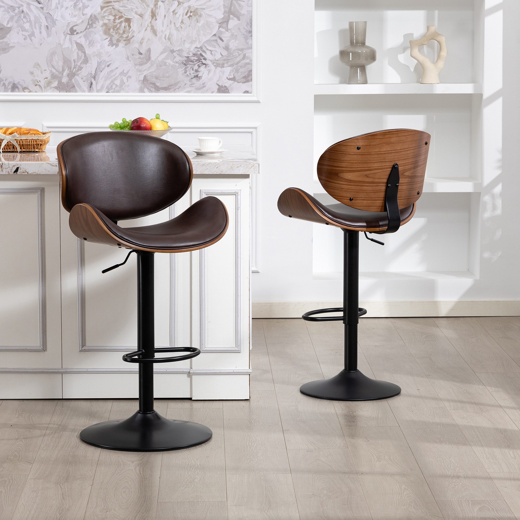Totnz Barhocker Barstuhl 2er-Set, 360° drehbar und höhenverstellbar (2 St), PU-Leder mit Holz, Barstuhl mit Rückenlehne und Fußstütze