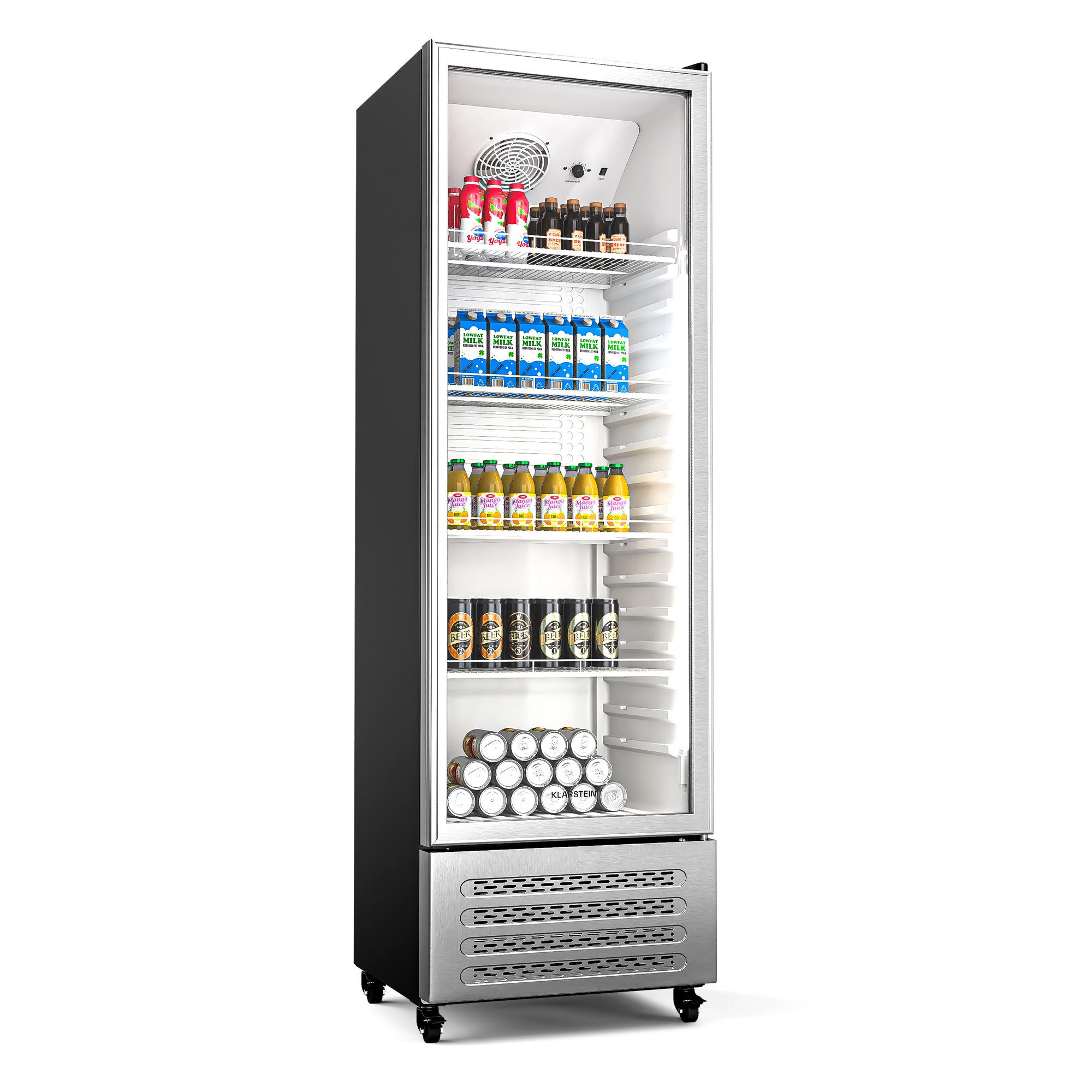 Klarstein Getränkekühlschrank GrandCooler 306 Getränkekühl 306L 0-10°C 4 Regale LED B R600A doppelt 10046644, 192 cm hoch, 59.5 cm breit, Bier Hausbar Hotel Fridge mit Glastür & Rollen für 306 Liter