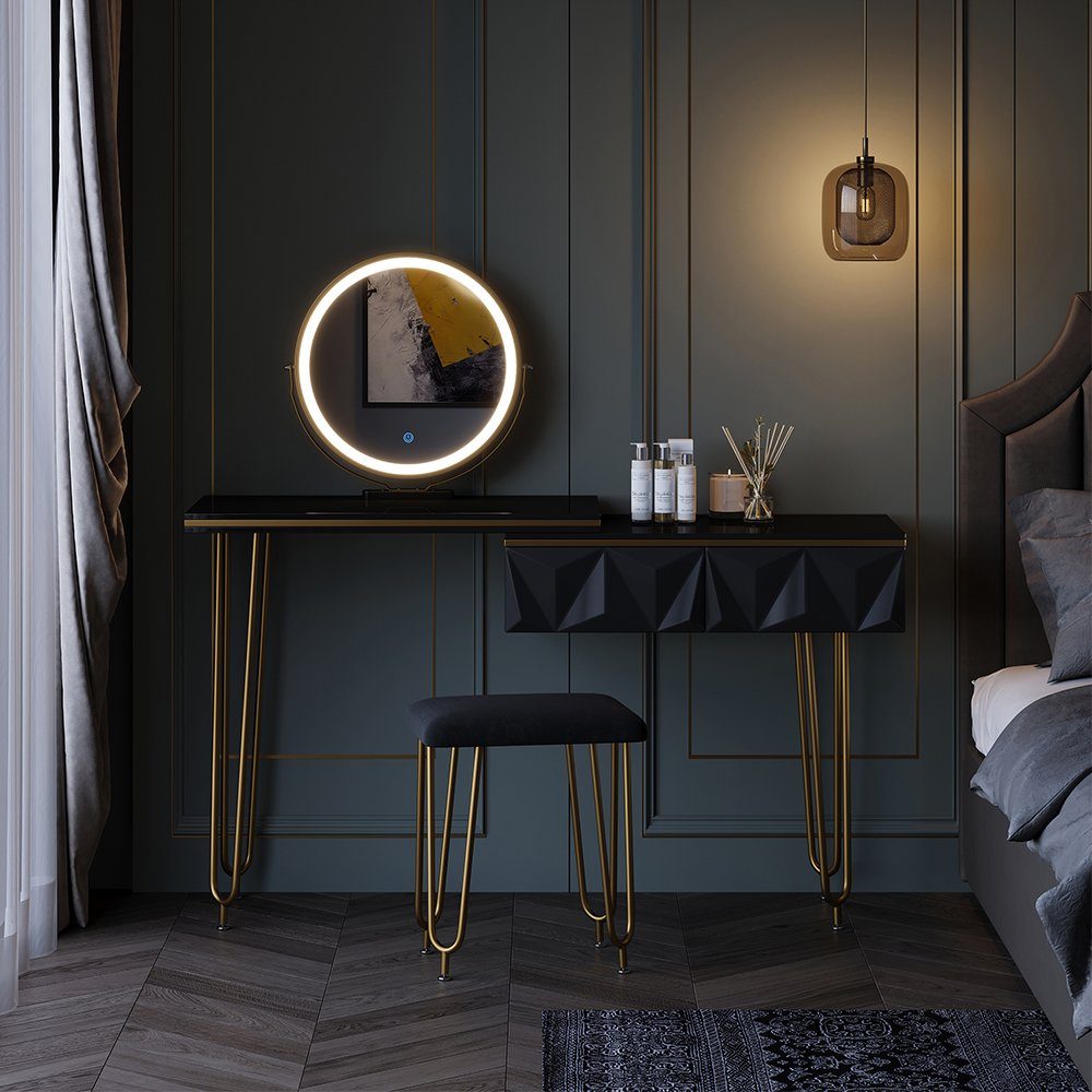 Vicco Schminktisch Bella, Schwarz Hochglanz, 120 cm mit LED Spiegel und Hoc günstig online kaufen