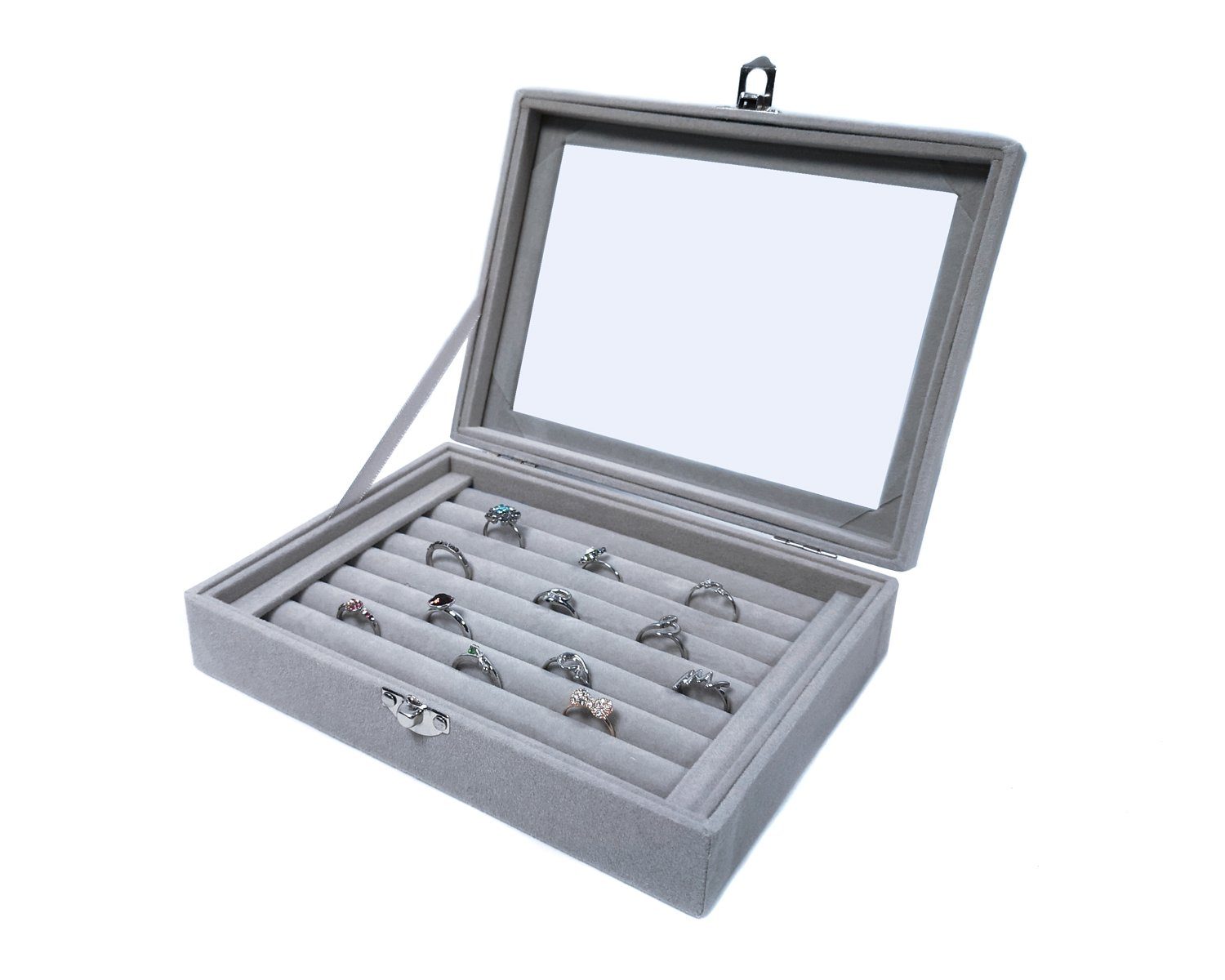 Yudu Aufbewahrungsbox Schmucktablett Schmucklade Schmuckkästchen mit Glasdeckel grau