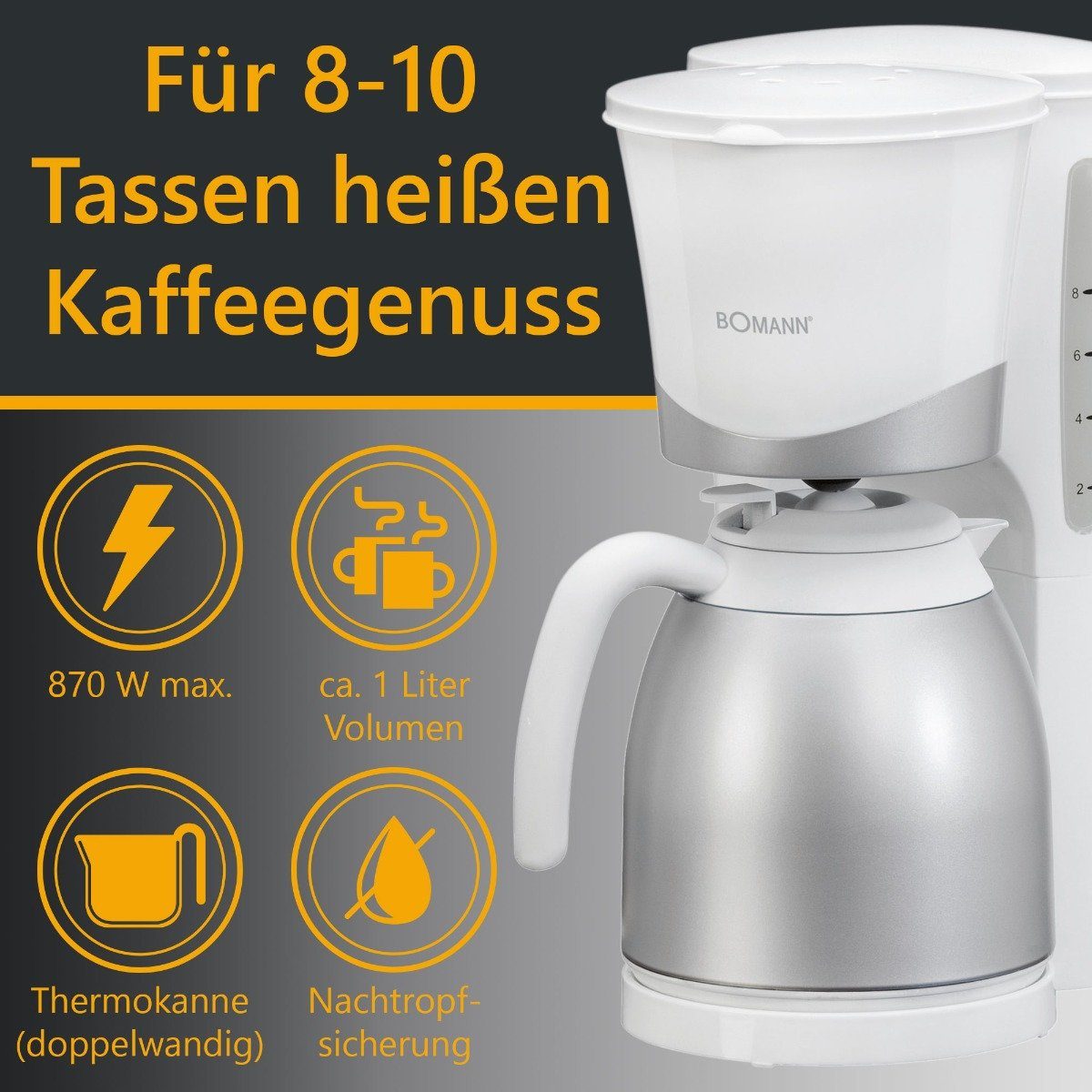Filterkaffeemaschine KA 168 für Kaffeemaschine weiß BOMANN 8-10 Tassen, CB, Thermokanne