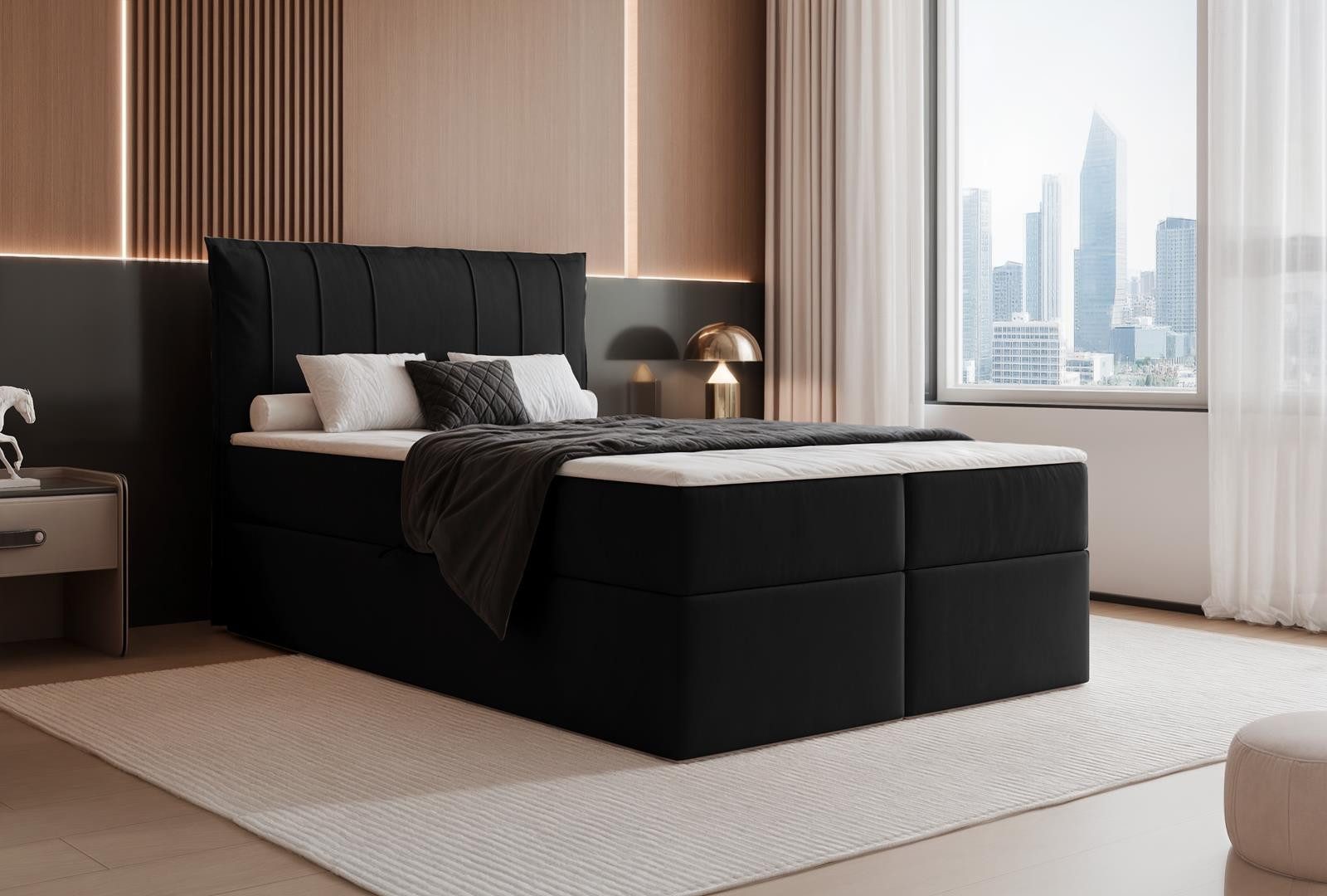 Compleo Boxspringbett Doppelbett modern, gepolstertes Kopfteil mit Bettkasten, 120/140/160/180/200x200