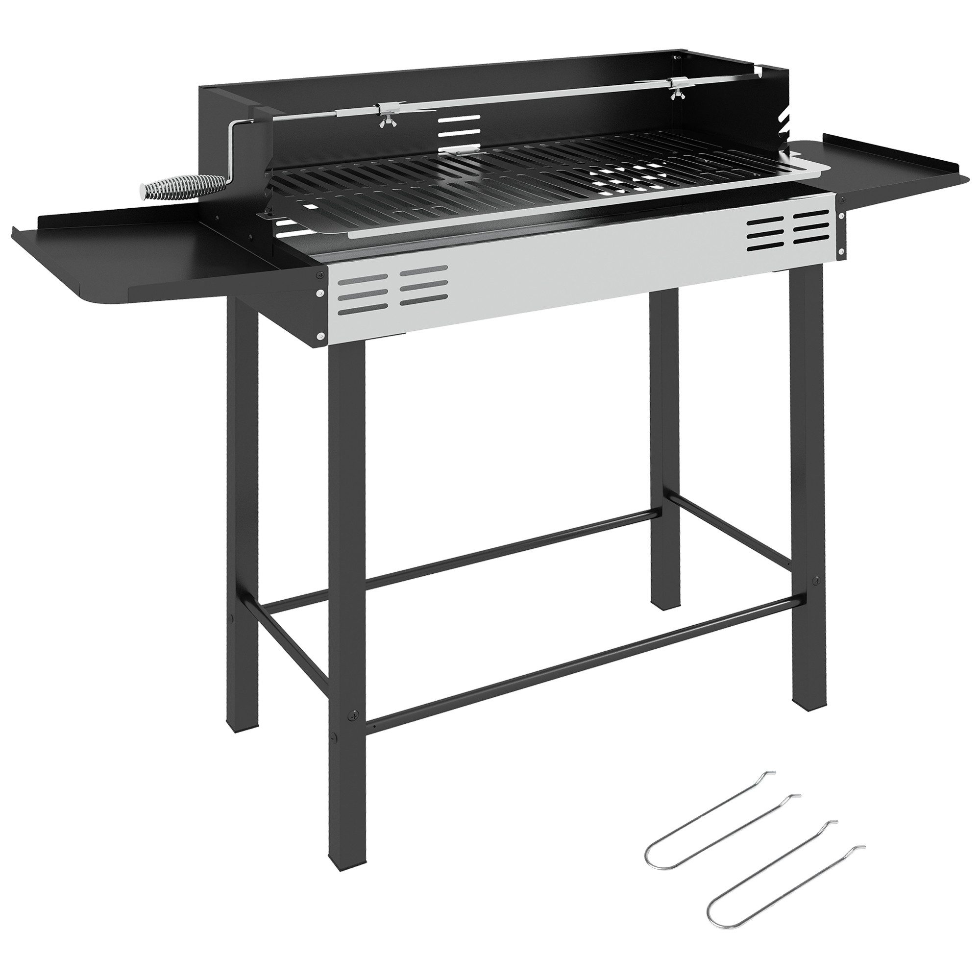 Outsunny Holzkohlegrill Campinggrill mit Grillrost und Rotisserie-Kit klappbar faltbar, Kohlegrill, BBQ Grill, Rostfreier Stahl+Metall Schwarz 118 x 32 x 90 cm