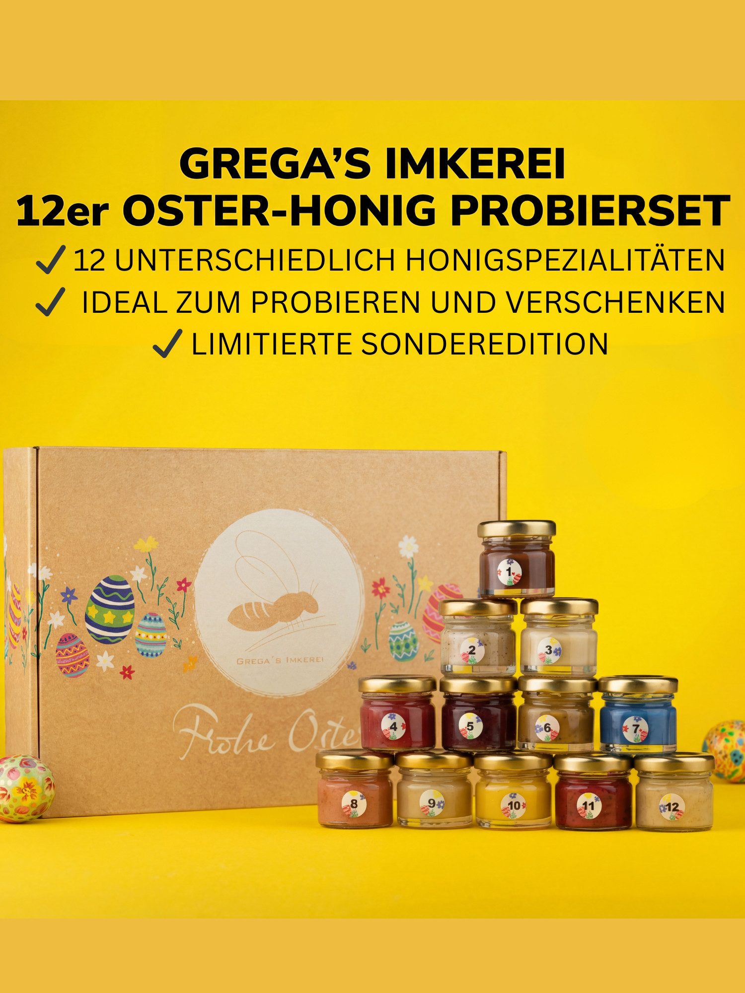 Grega´s Imkerei Honig Geschenkbox " Frohe Ostern " mit 12 Honig-Spezialitäten je 30g, 12 x 30 g, (perfekte Geschenkidee zu Ostern, Probierpaket & honigsüßes Mitbringsel), Oster-Probierbox mit 12 Honigspezialitäten direkt vom Imker