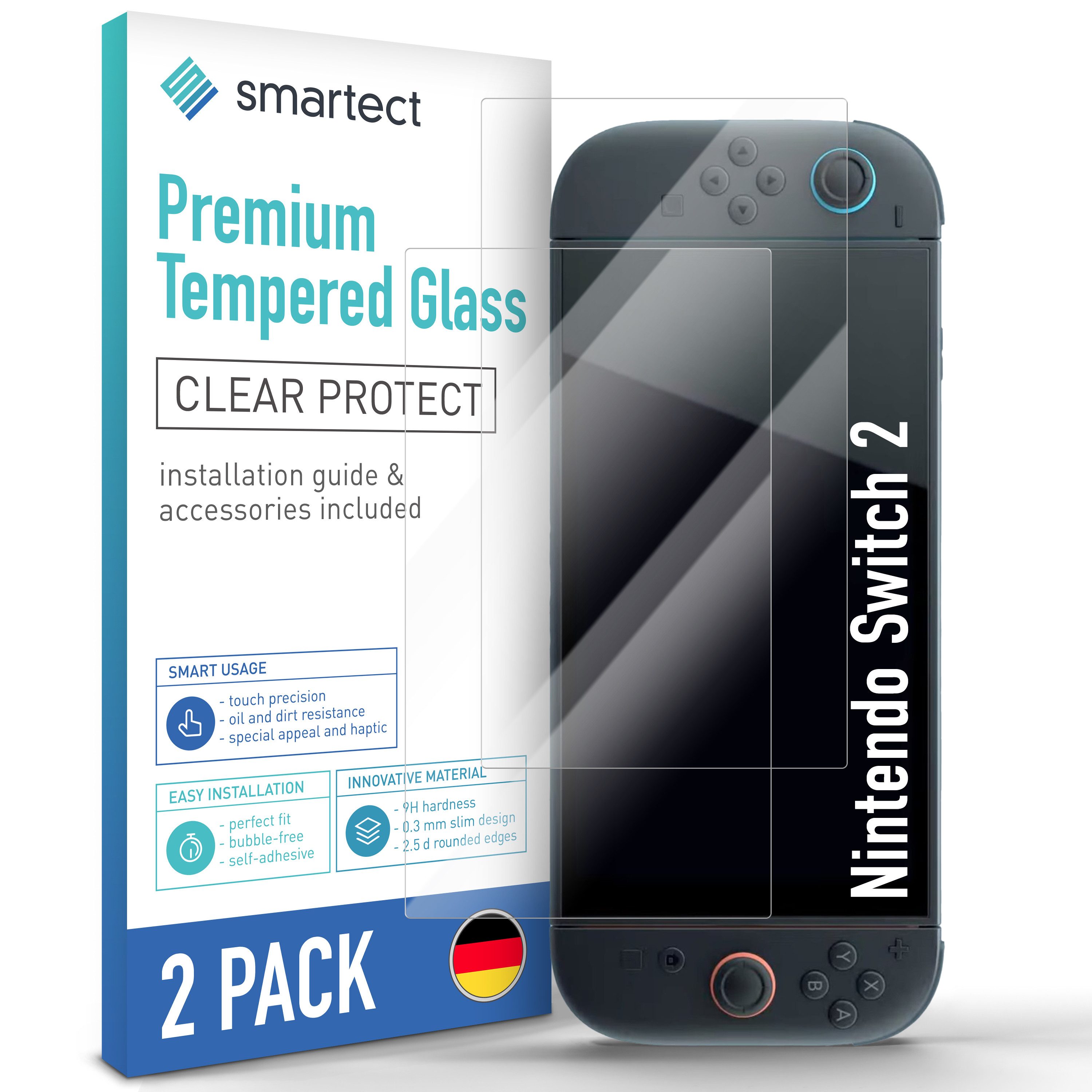 smartect Displayschutzglas 2X Schutzglas Panzerfolie Klar für Nintendo Switch 2 für Nintendo Switch 2, Set, 2 Stück, 0.3 mm Ultra-klar, 9H Härte, Kratzfest, Stoßfest, Blasenfrei, Oleophob