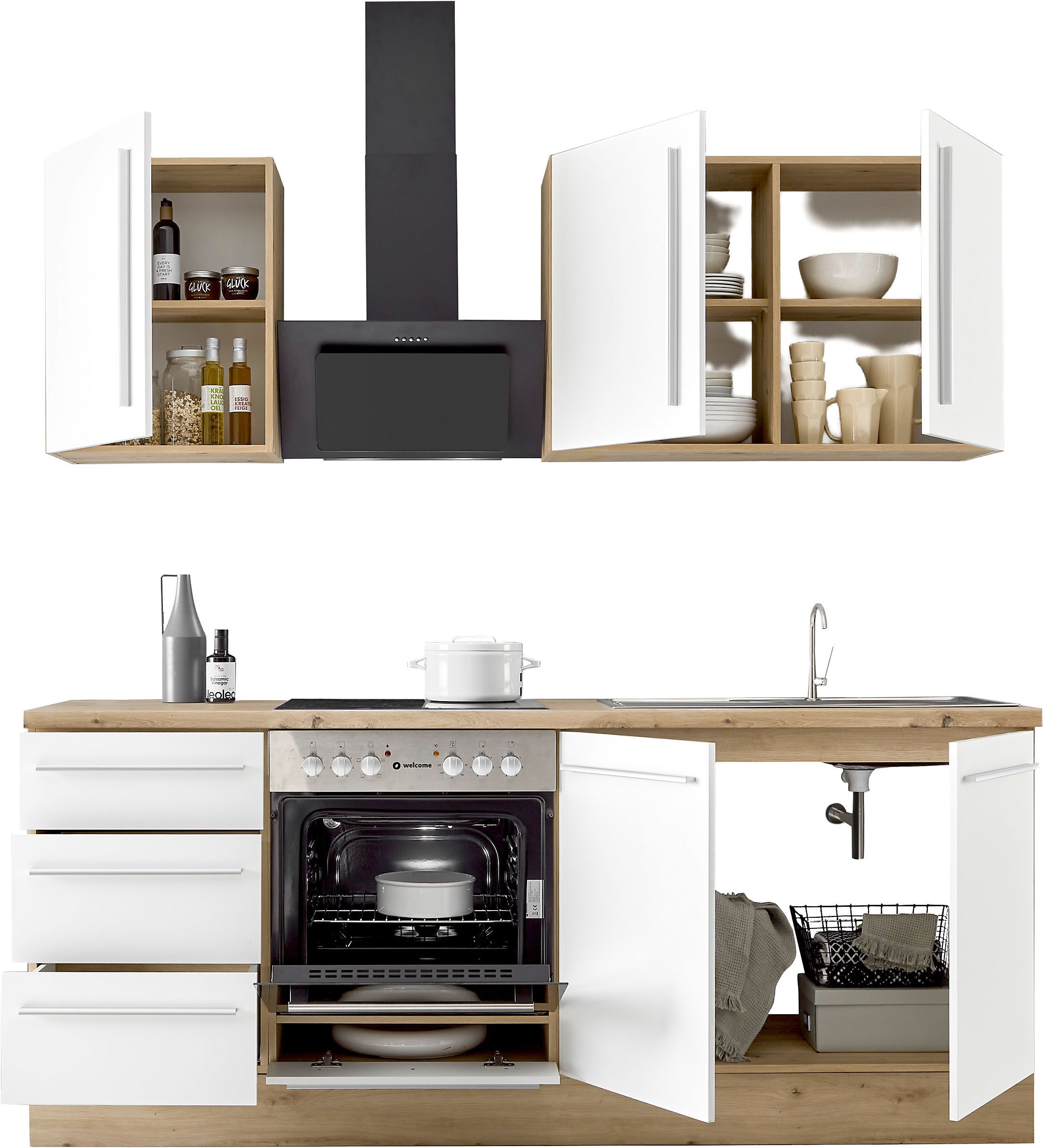 KOCHSTATION Küchenzeile KS-Florida mit 38mm starker Arbeitsplatte, Breite 210 cm, wahlweise mit E-Geräten, Soft-Close-Funktion