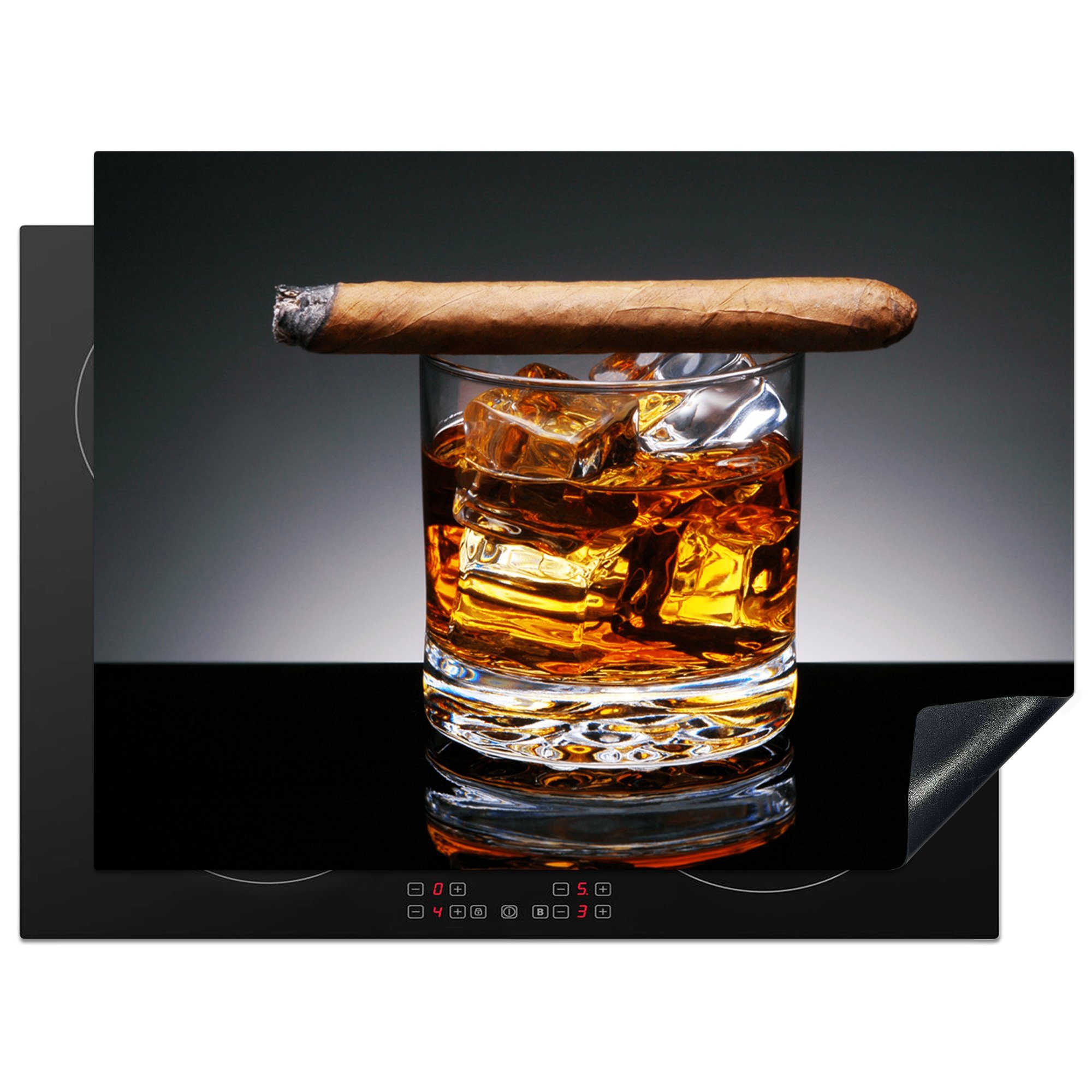 MuchoWow Herdblende-/Abdeckplatte Whiskey - Induktionsschutz - Zigarre - Glas, Vinyl, (1 tlg), 70x52 cm, Mobile Arbeitsfläche nutzbar, Ceranfeldabdeckung