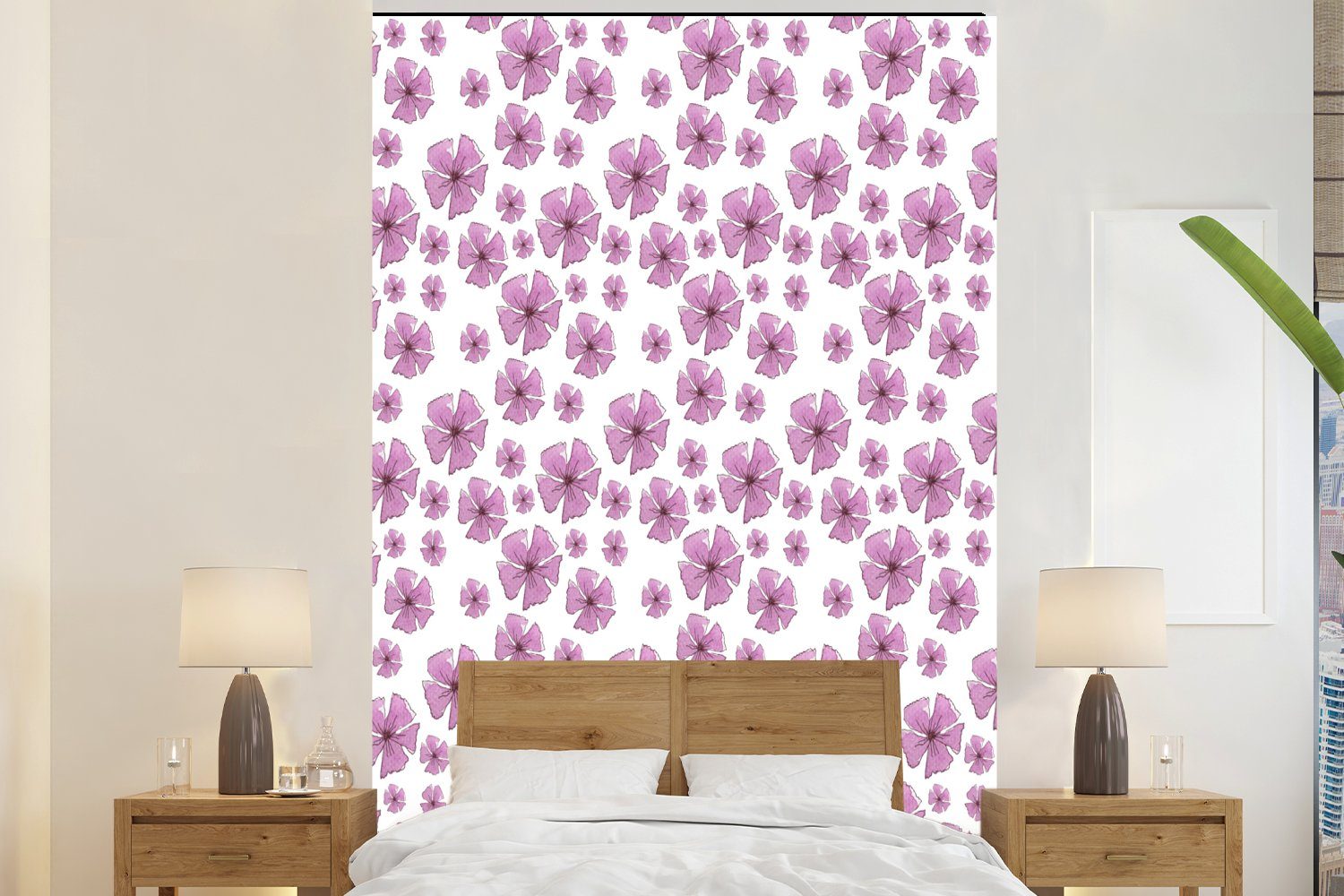 MuchoWow Fototapete Blumen - Sakura - Muster, Matt, bedruckt, (3 St), Montagefertig Vinyl Tapete für Wohnzimmer, Wandtapete