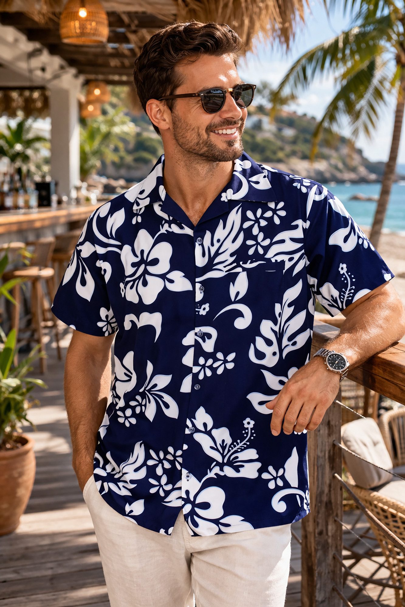 King Kameha Hawaiihemd "Hibiscus" Funky Hawaii-Hemd Herren Kurzarm Front-Tasche Stylish