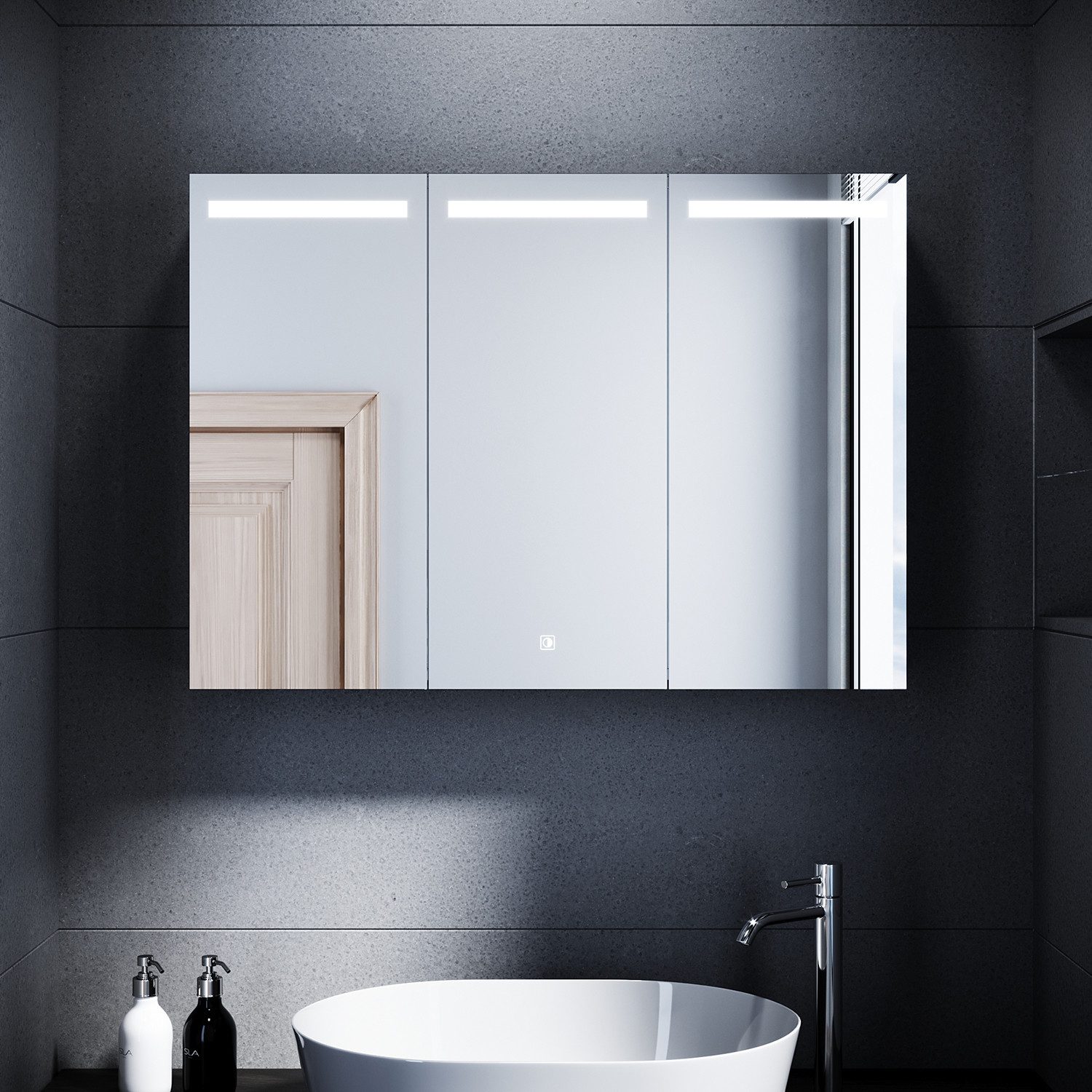 SONNI Spiegelschrank Spiegelschrank bad mit beleuchtung 105x65cm Edelstahl mit Touch und Steckdose, 3 türig, Kalt/Warm/Neutral Licht, dimmbar