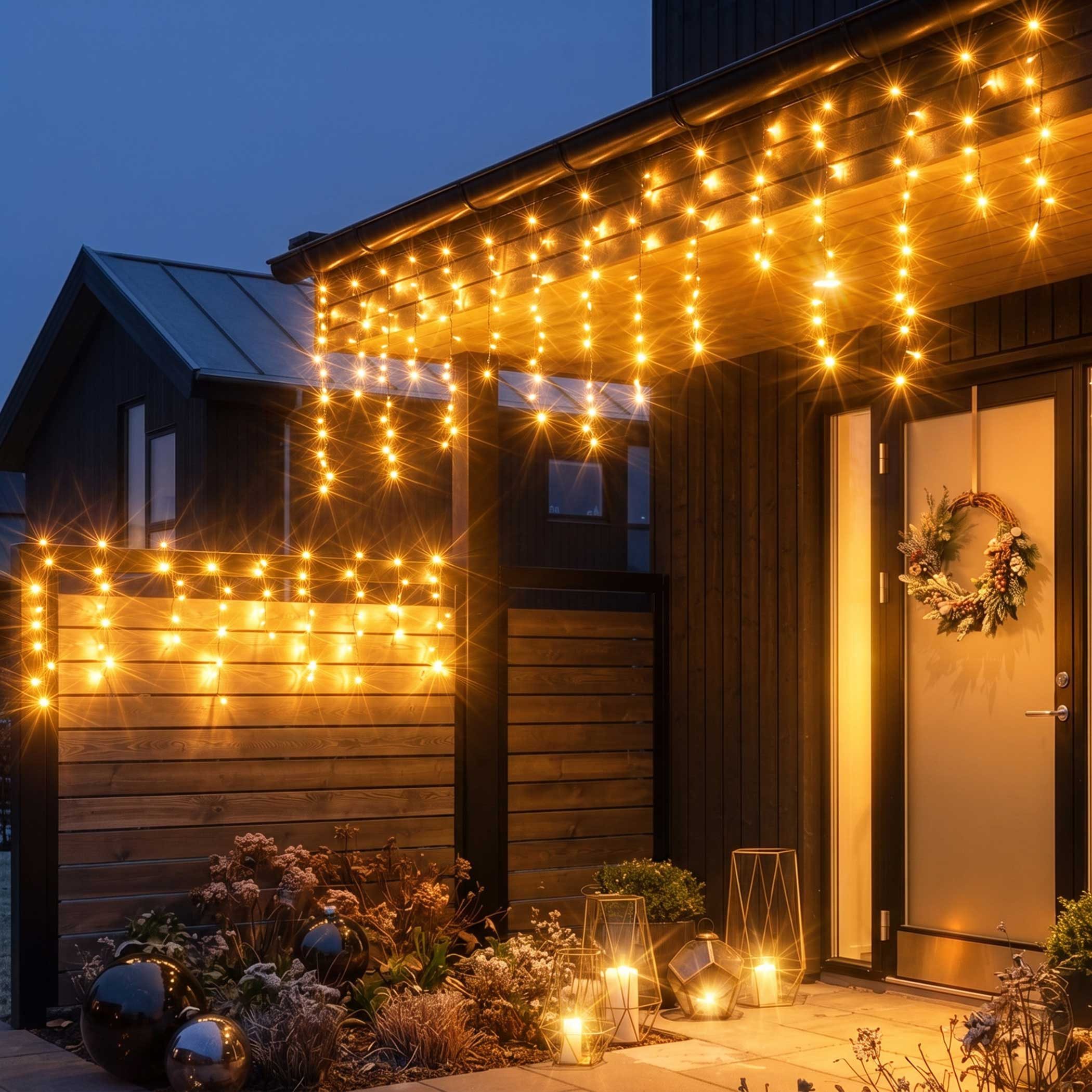 Spetebo LED-Lichtervorhang Eisregen Lichtervorhang warm weiß für Außen, 256-flammig, Eiszapfen Lichterkette mit 16 Lichtfäden flexibel erweiterbar