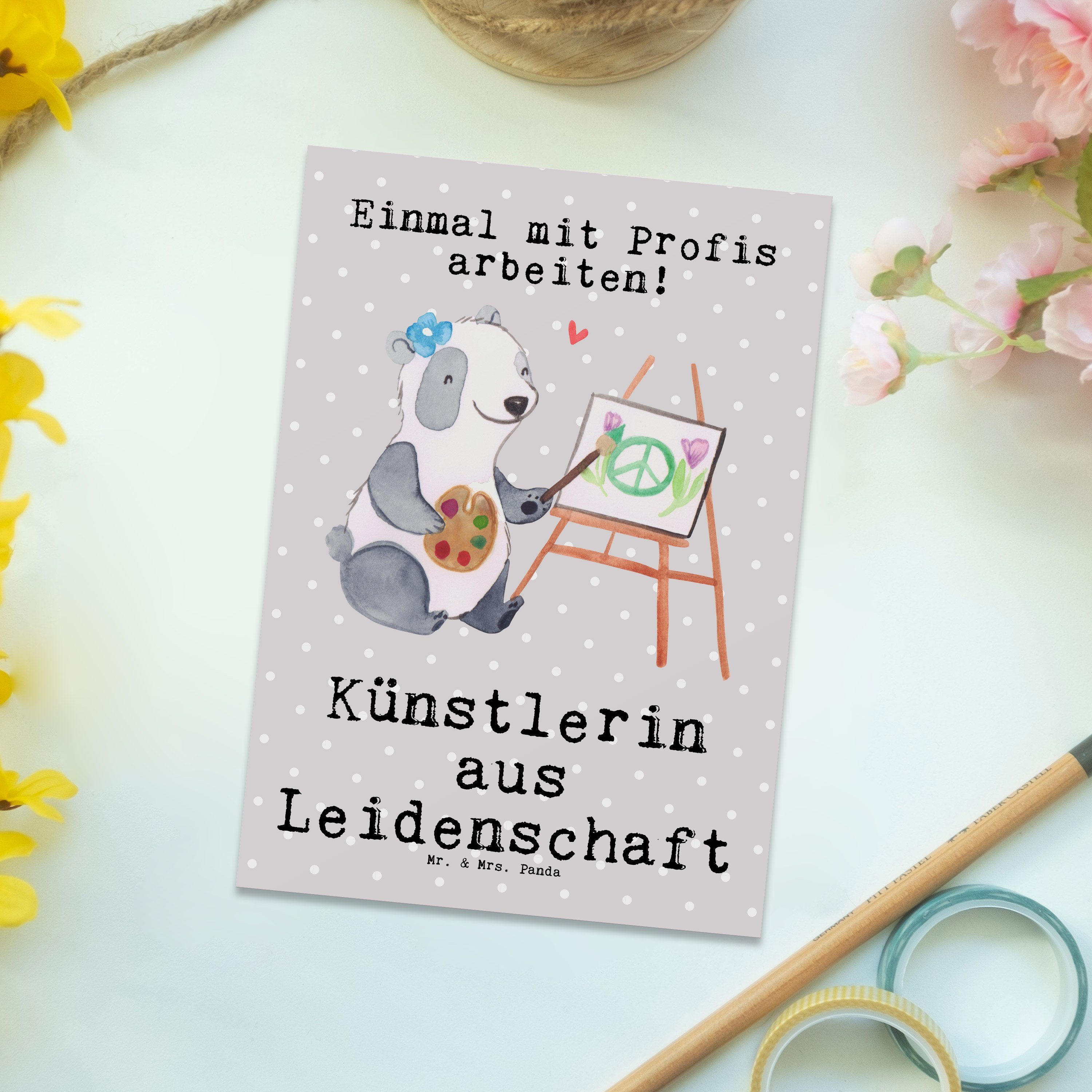 Grau & Mr. Panda Mrs. Ans Geschenk, Einladung, Pastell Postkarte - aus Leidenschaft Künstlerin -