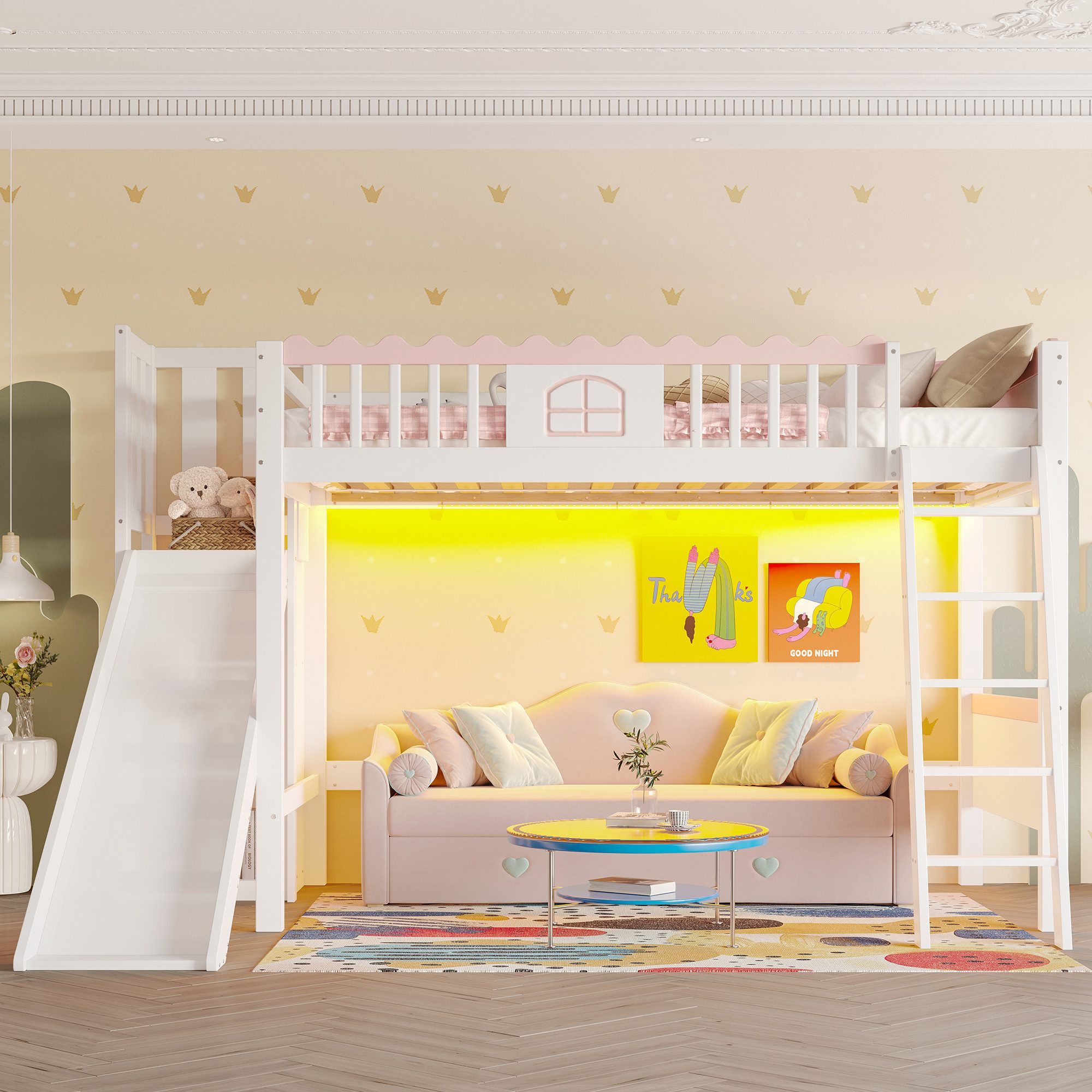 Flieks Hochbett Kinderbett Einzelbett 90x200cm mit LED-Leiste, Rutsche mit günstig online kaufen