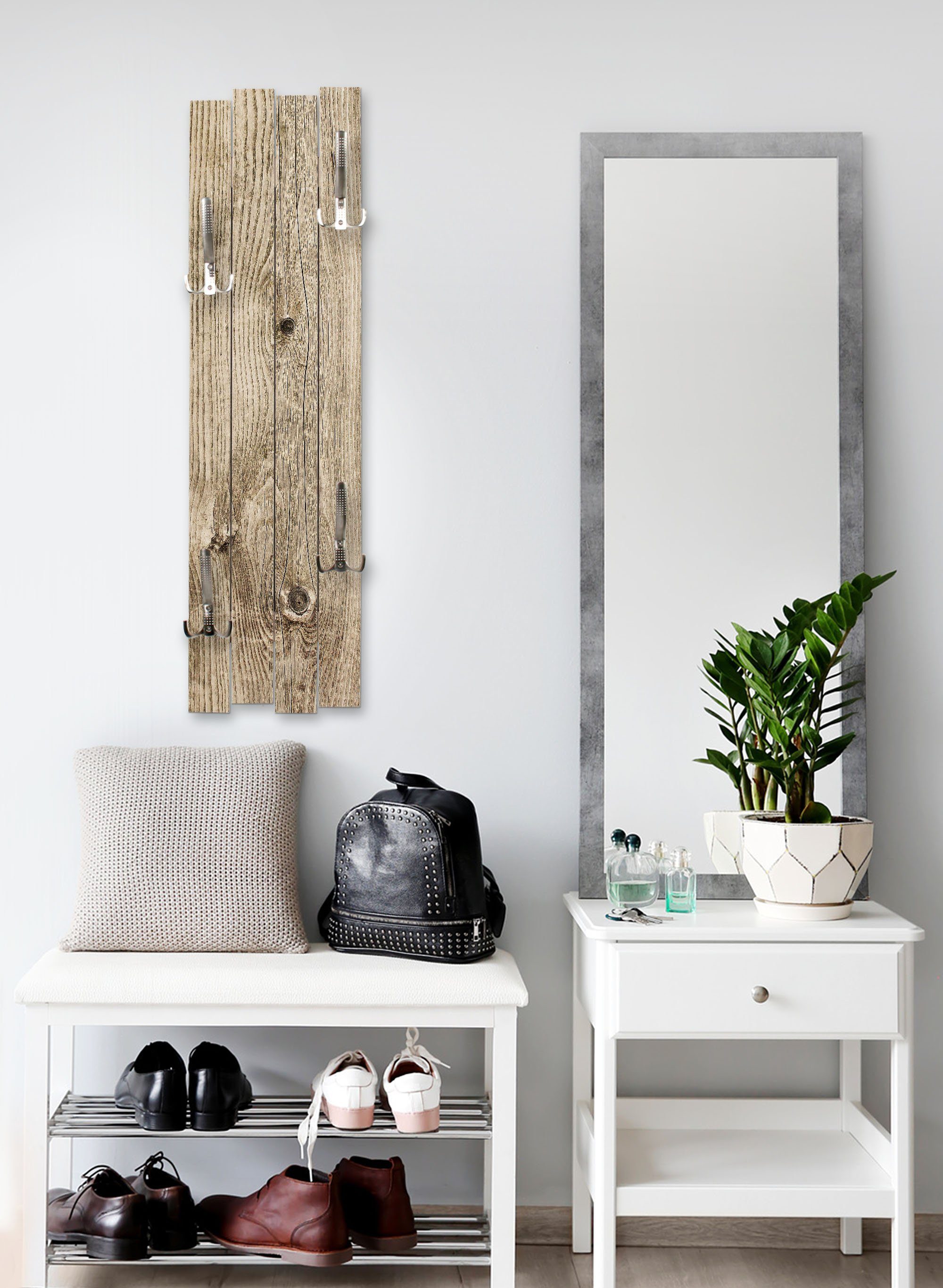 Kreative Feder Wandgarderobe Wand-Garderobe „Altes Holz Braun“ aus Holz, Shabby-Chic; ca. 100 x 30 cm; mit 4 Haken; außergewöhnlich, modern