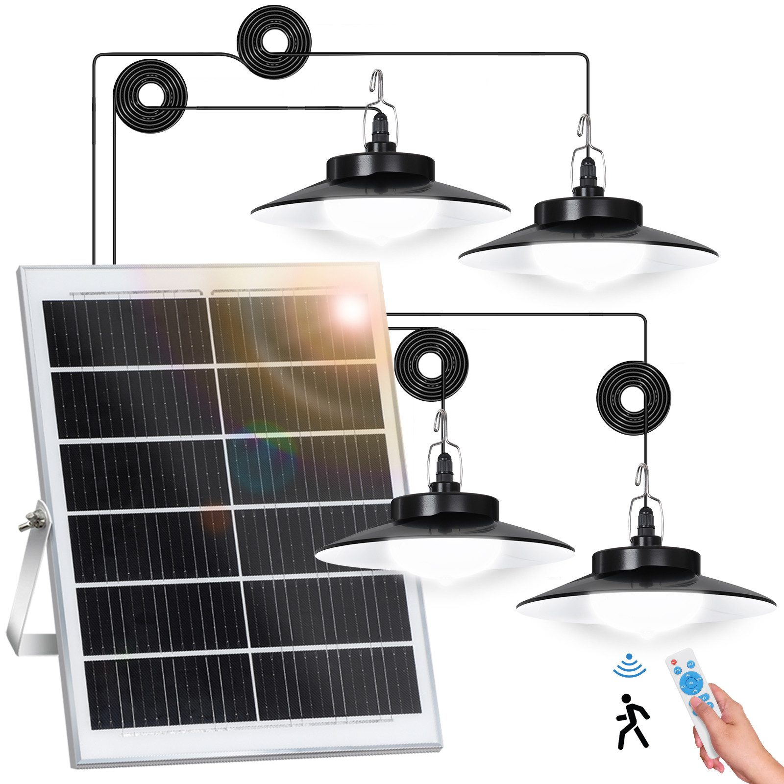 MUPOO LED Solarleuchte Solar Pendelleuchten mit Bewegungssensor Außen,mit 1/2/3/4 Lampen, mit Upgrade 5 Beleuchtungsmodi Fernbedienung, Extra Helligkeit Lange Laufzeit B35xL25/35/45/55cm Solarpanel