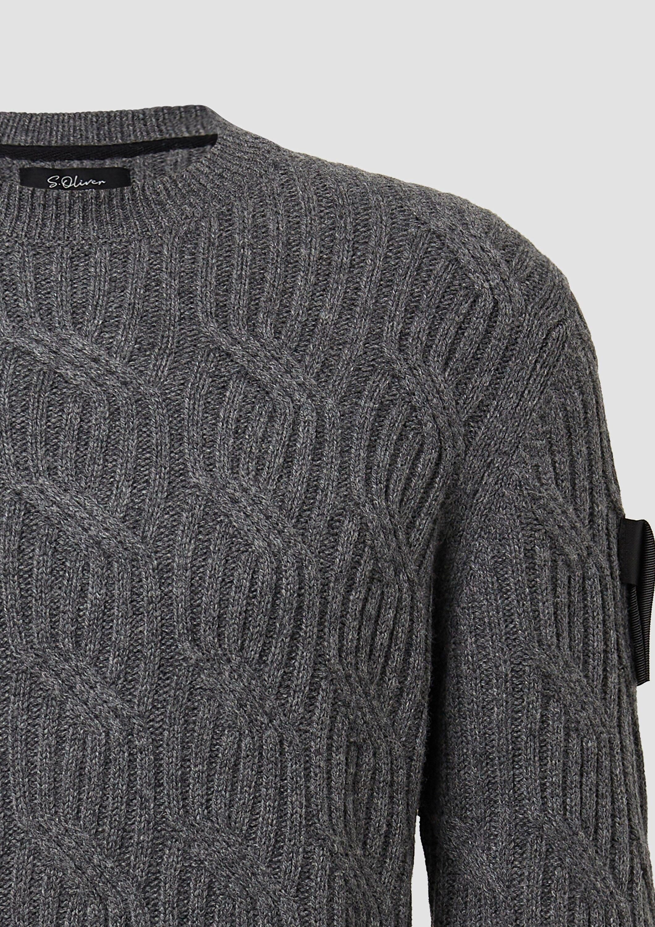 s.Oliver Longpullover Strickpullover Strickpullover aus 100% Wolle mit Zopfmuster und Ärmel-Patch