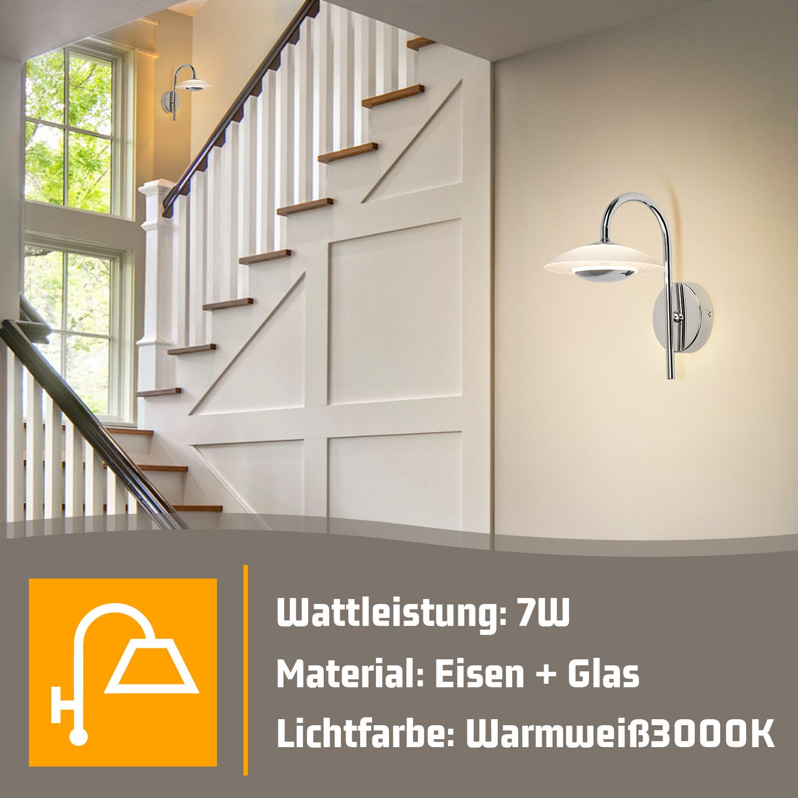 ZMH LED Wandleuchte Innen Modern Design Chrom Flurlampe 3000K Glas für Hotel Treppenhaus, Augenschutz, Einfache Installtion, LED fest integriert, 7W Metall Rund Schlafzimmerlampe Wohnzimmer