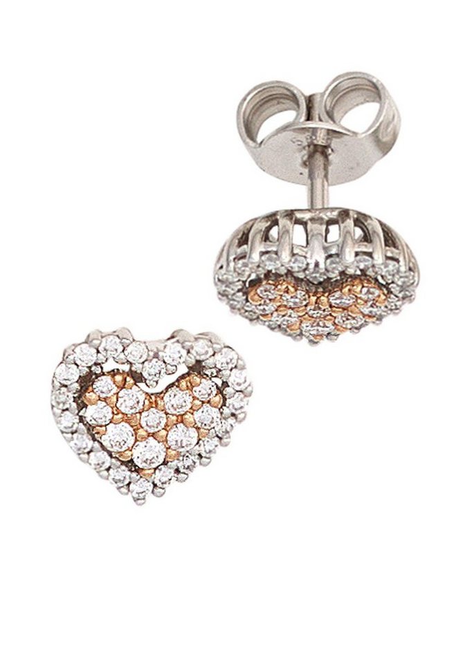 JOBO Paar Ohrstecker Herz-Ohrringe mit 60 Diamanten, 585 Weißgold Roségold