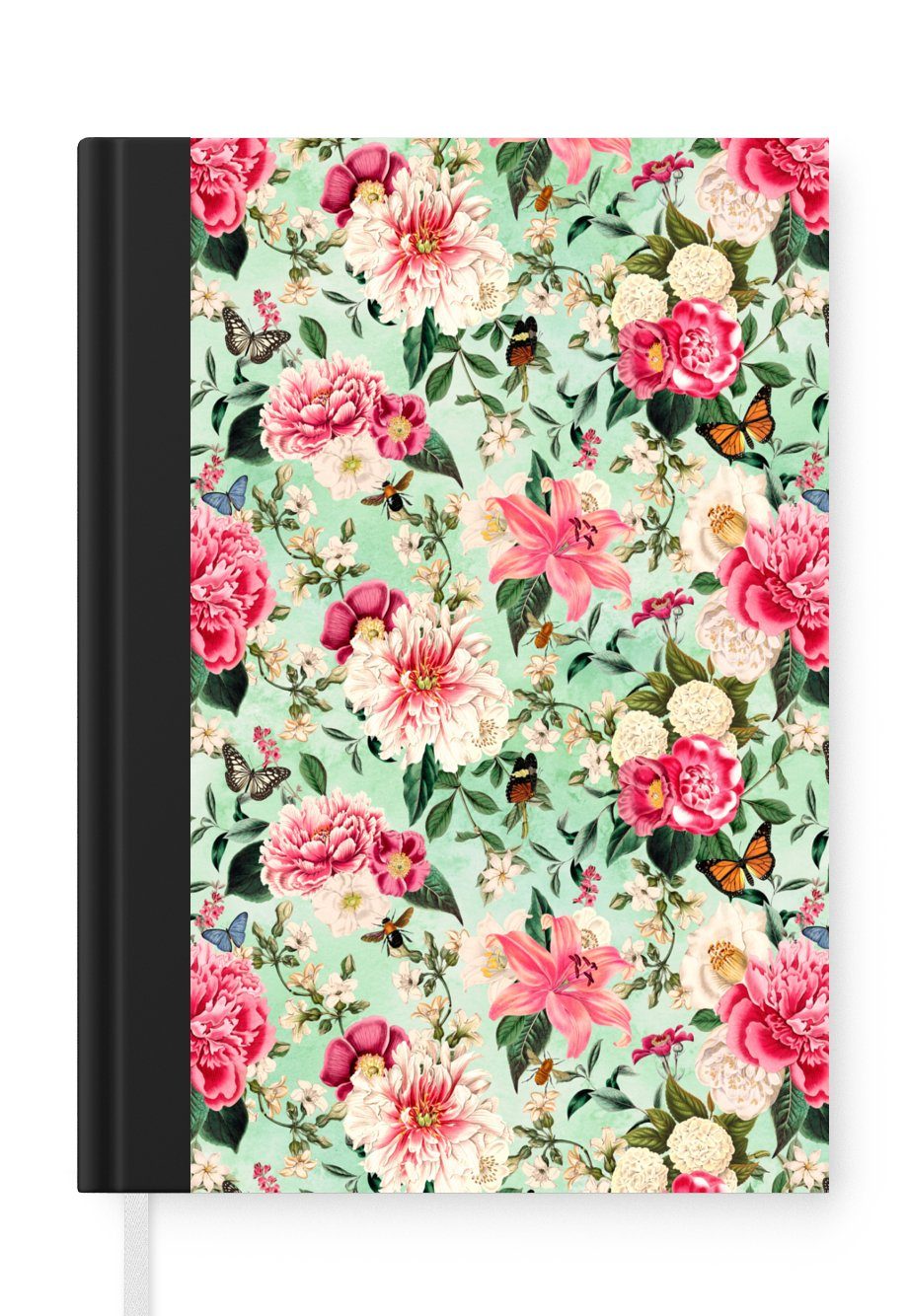 MuchoWow Notizbuch Blumen - Rosa - Schmetterling, Journal, Merkzettel, Tagebuch, Notizheft, A5, 98 Seiten, Haushaltsbuch