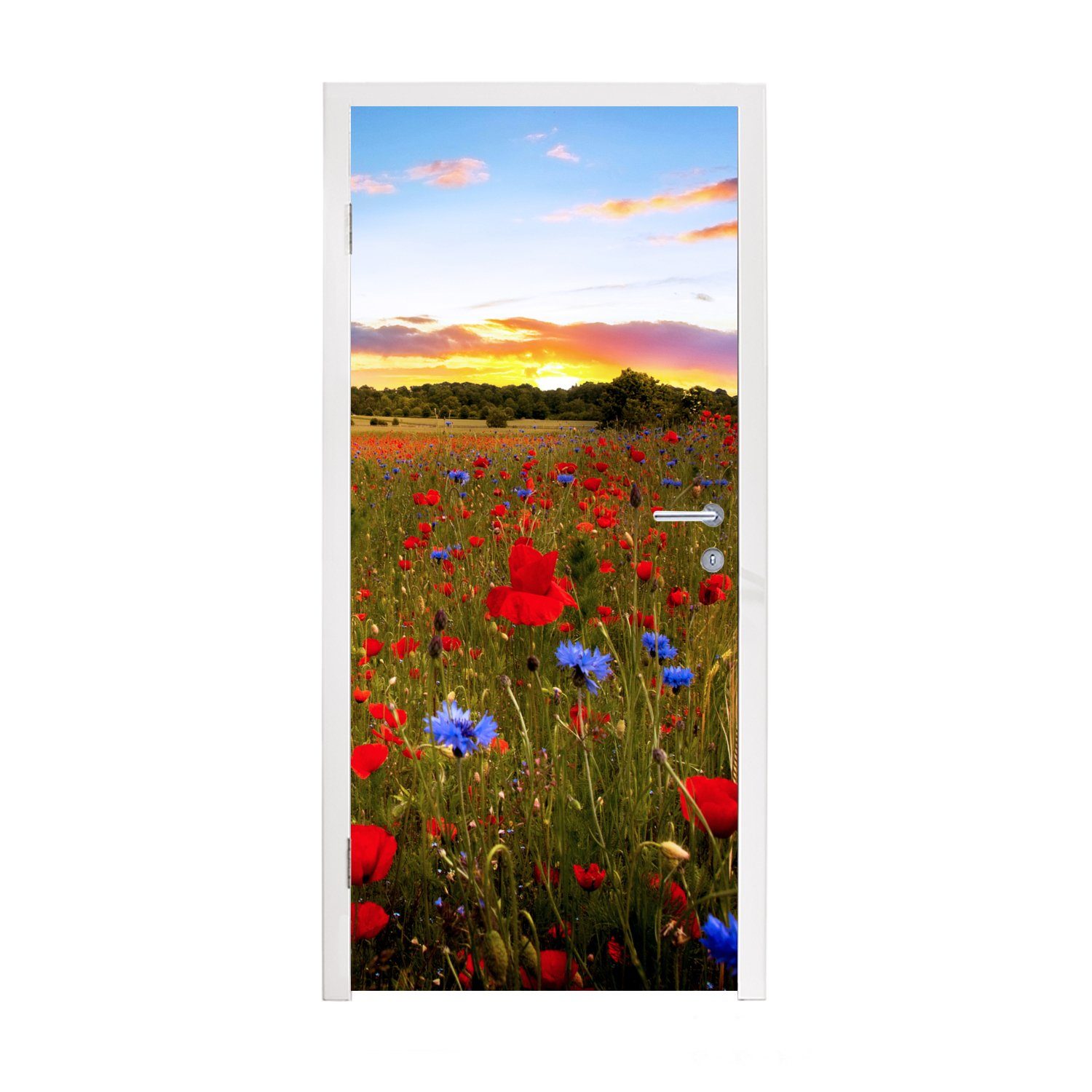 MuchoWow Türtapete Blumenwiese - Mohnblumen - Rot, Matt, bedruckt, (1 St), Fototapete für Tür, Türaufkleber, 75x205 cm