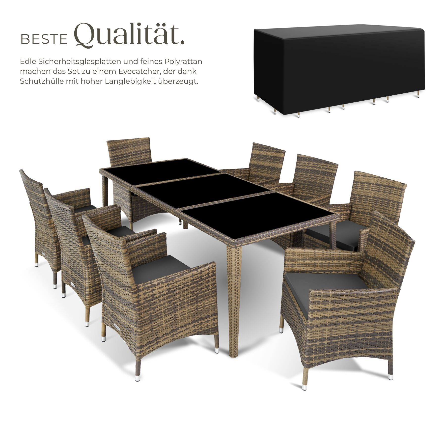 tectake Sitzgruppe Aluminium Rattan Gartenlounge mit Bezügen, inklusive Schutzhülle, (Loungeset Menorca, 9-tlg., für Außen in Naturfarben), wetterfest und UV-beständig, mit Sicherheitsglasplatten, pflegeleicht