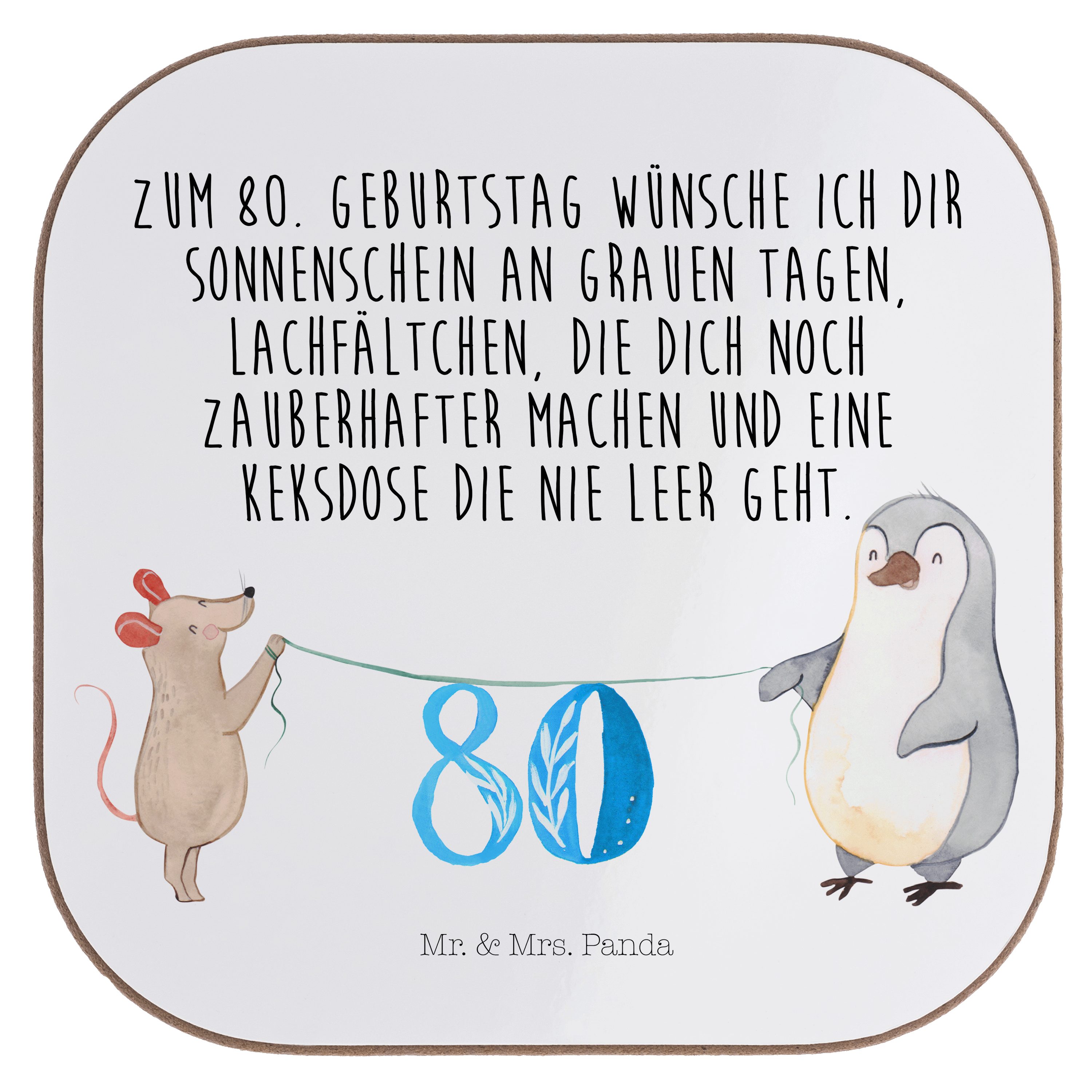 Mr. & Mrs. Panda Getränkeuntersetzer 80. Geburtstag Maus Pinguin - Weiß - Geschenk, Feiern, Getränkeunters, 1-tlg.