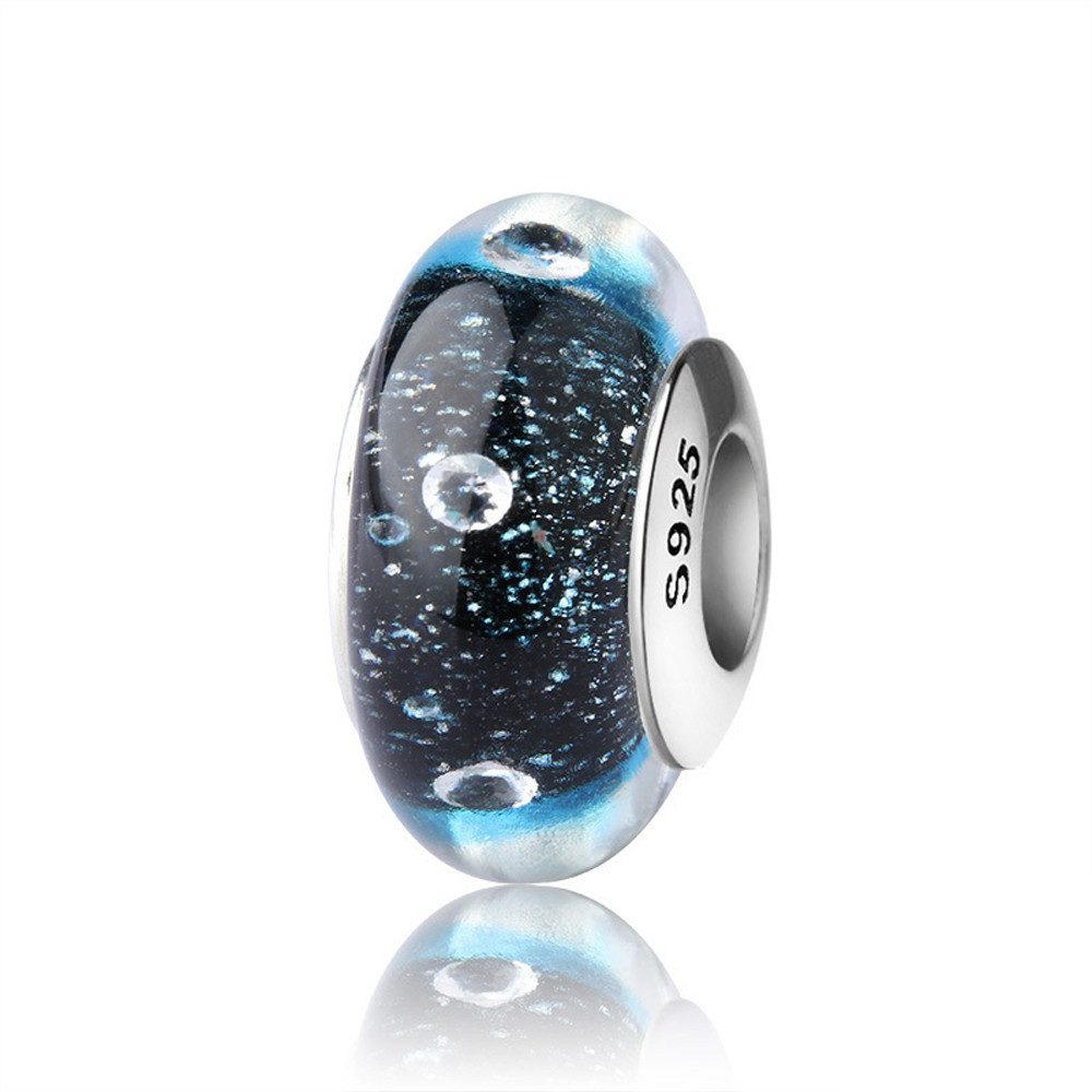 Bead Blauschwarze Luftblasen Glas Charm für Armband, Hülse aus 925 Silber