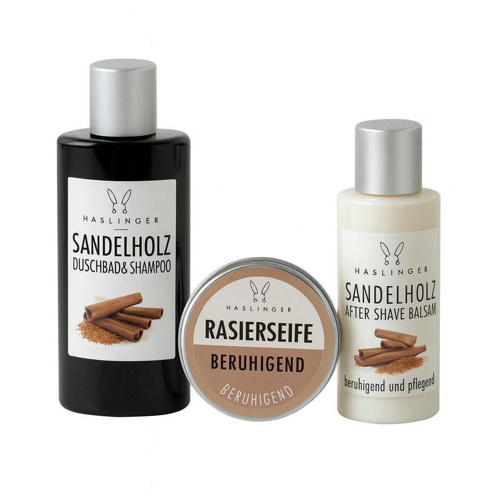 Haslinger Pflege-Geschenkset Sandelholz, 3-tlg., Duschbad & Shampoo, After Shave Balsam & Rasierseife