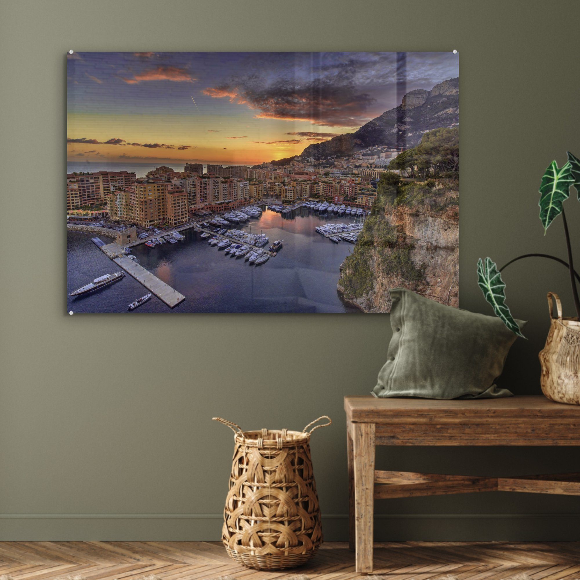 MuchoWow Acrylglasbild Der Hafen von Wohnzimmer Schlafzimmer & Acrylglasbilder St), bei Monaco (1 Sonnenuntergang