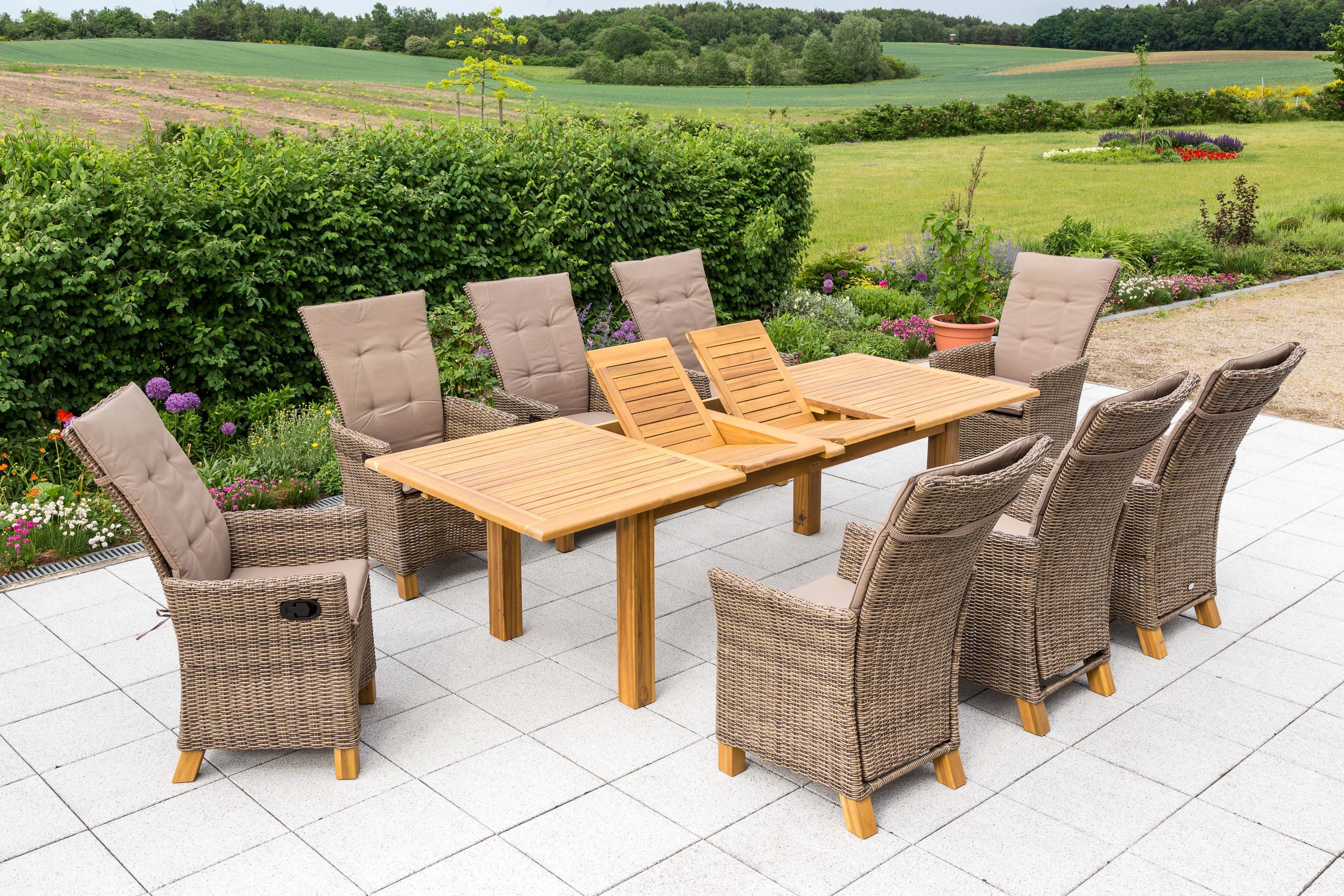 MERXX Garten-Essgruppe Toskana, (Set, 8 Sessel, 1 Doppelausziehtisch), 8 Sessel verstellbar durch Gasdruck, Tisch doppelt ausziehbar