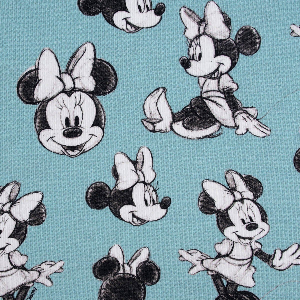 SCHÖNER LEBEN. Stoff Baumwolljersey Digitaldruck Minnie Maus hellblau schwarz weiß 1,45m, allergikergeeignet