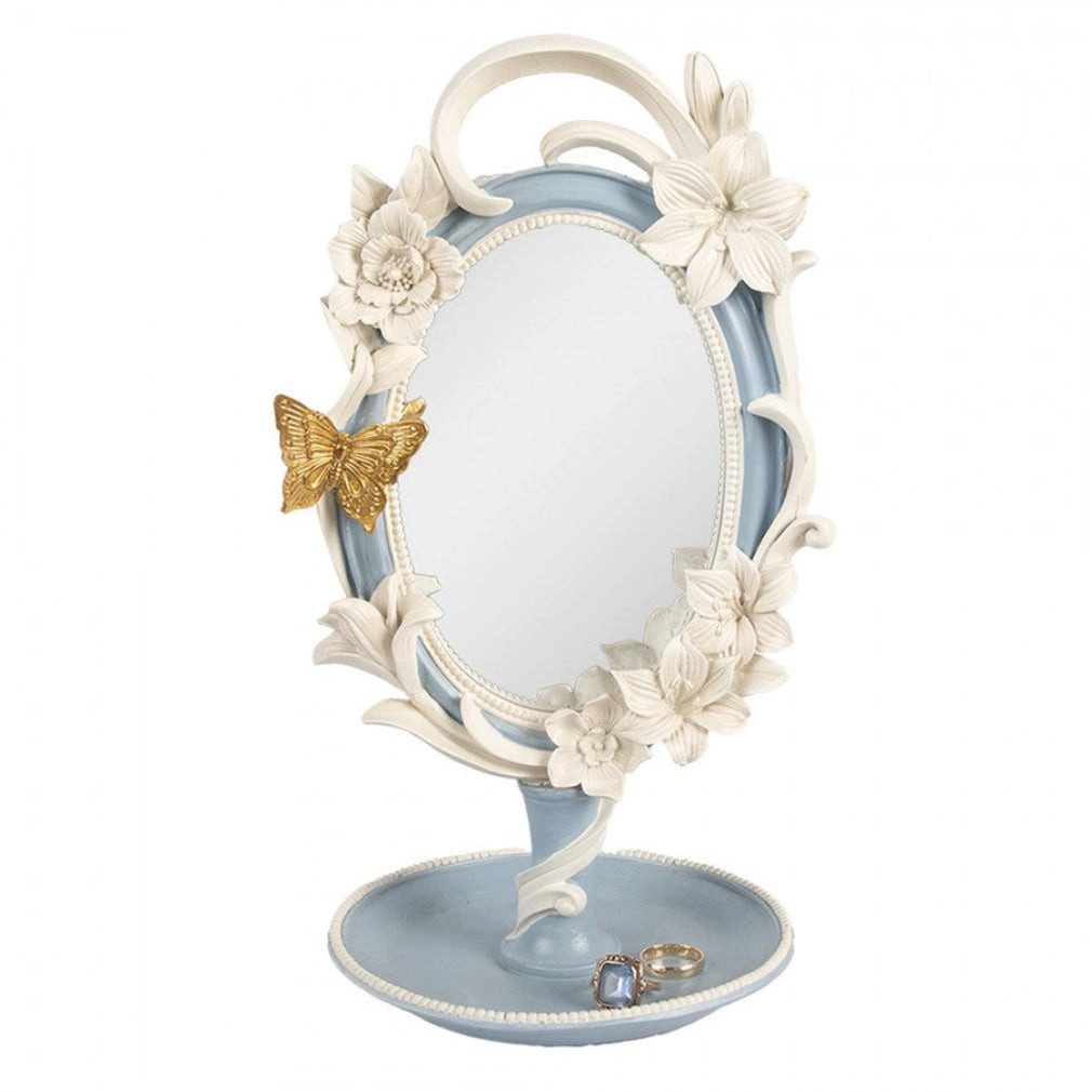 Clayre & Eef Spiegel Romantischer Tischspiegel in hellblau Schmetterling 27 cm