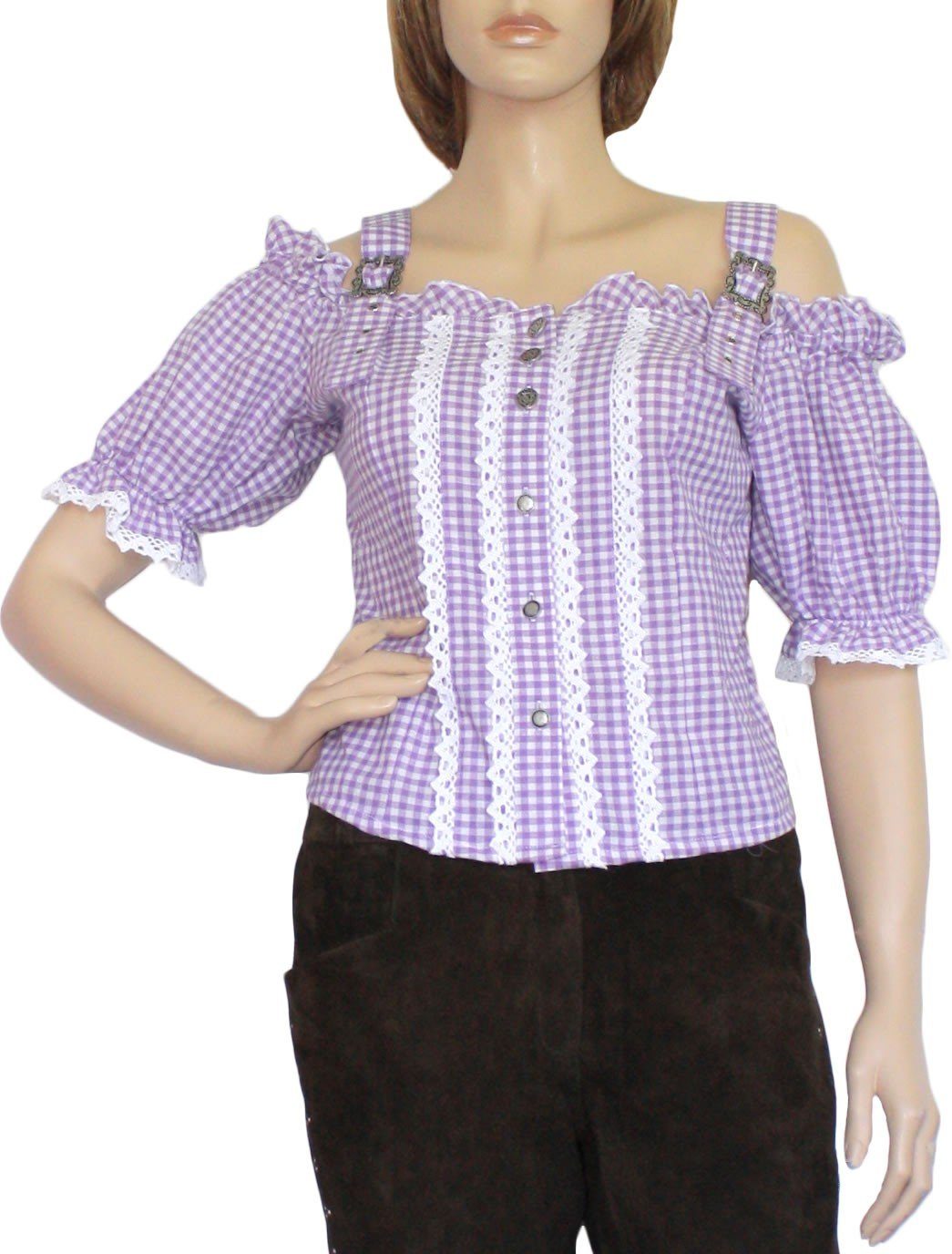 German Wear Carmenbluse OB2-lila Trachtenbluse Carmenbluse Trachtenlederhosen-bluse LILA kariert