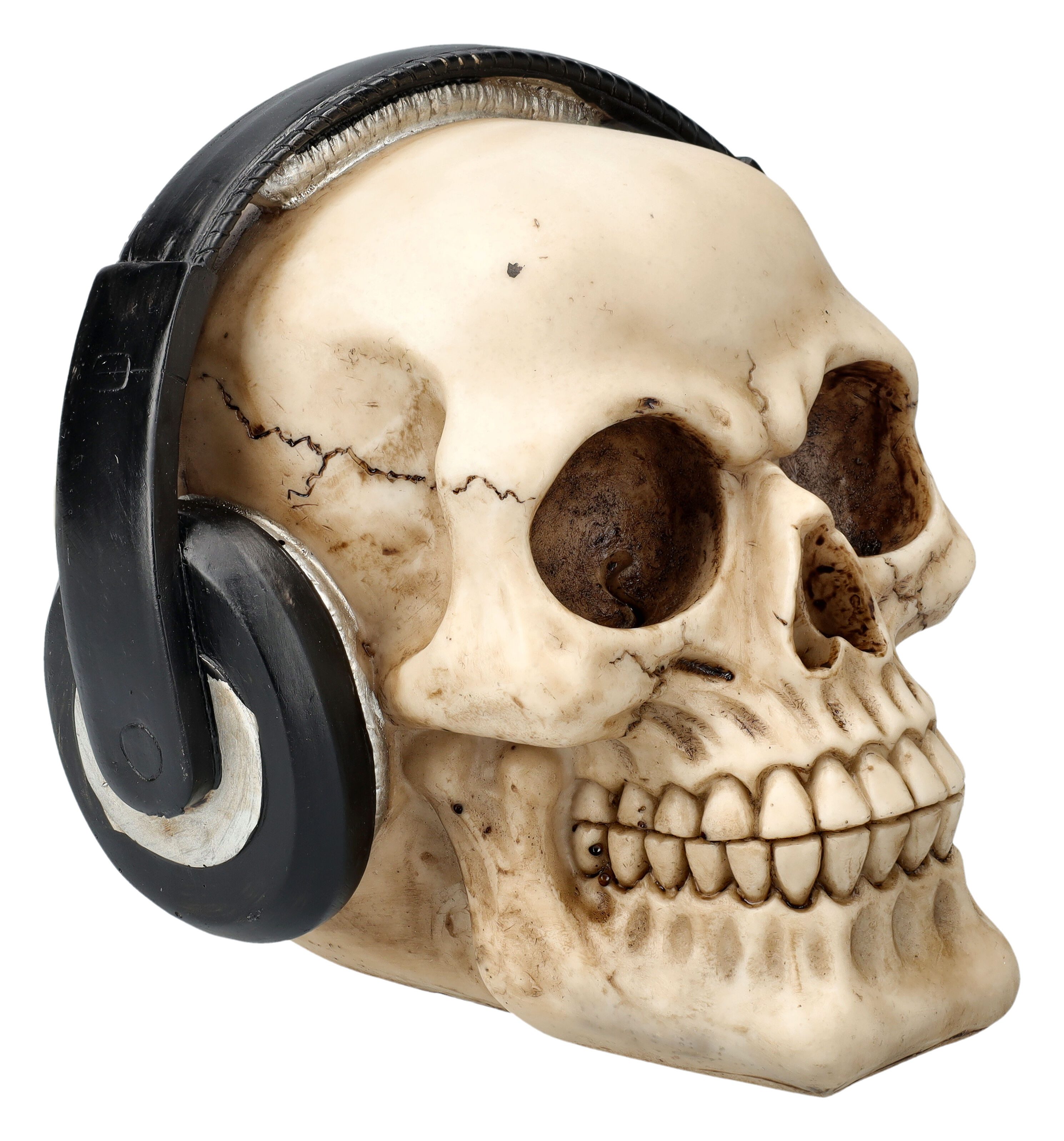 Dekofigur Totenkopf Figur mit Kopfhörern - Totenschädel Dekoration Gothic Deko