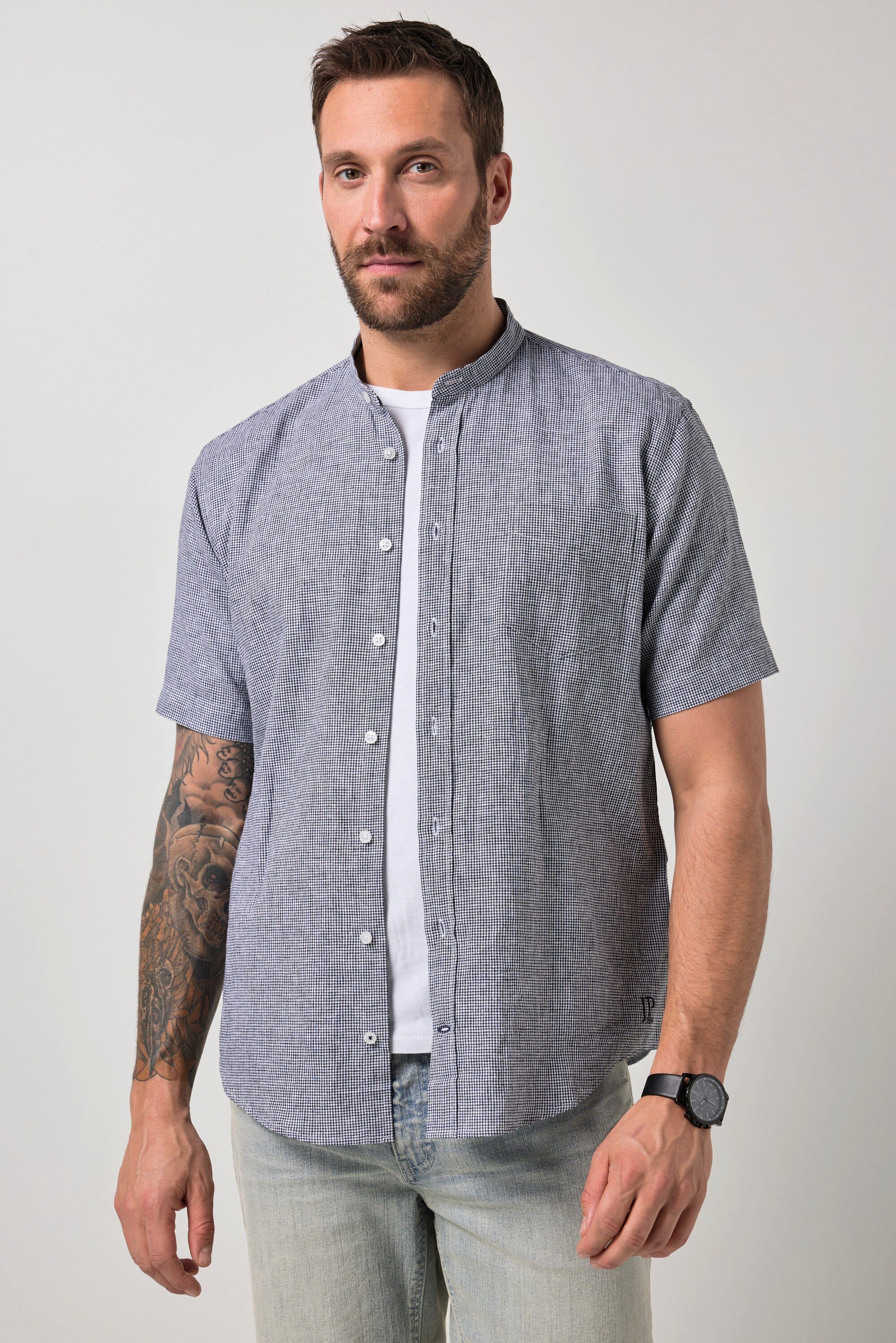 JP1880 Kurzarmhemd Leinenmix-Karohemd Halbarm Stehkragen Modern Fit