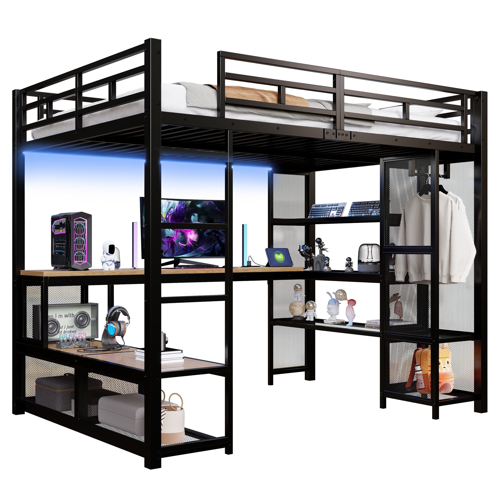 SOFTWEARY Hochbett mit RGB LED-Streifen und Schreibtisch (140x200 cm, mit Lattenrost, Trittleiter, Regal, offenem Kleiderschrank und USB) Kinderbett mit Rausfallschutz, Metallbett
