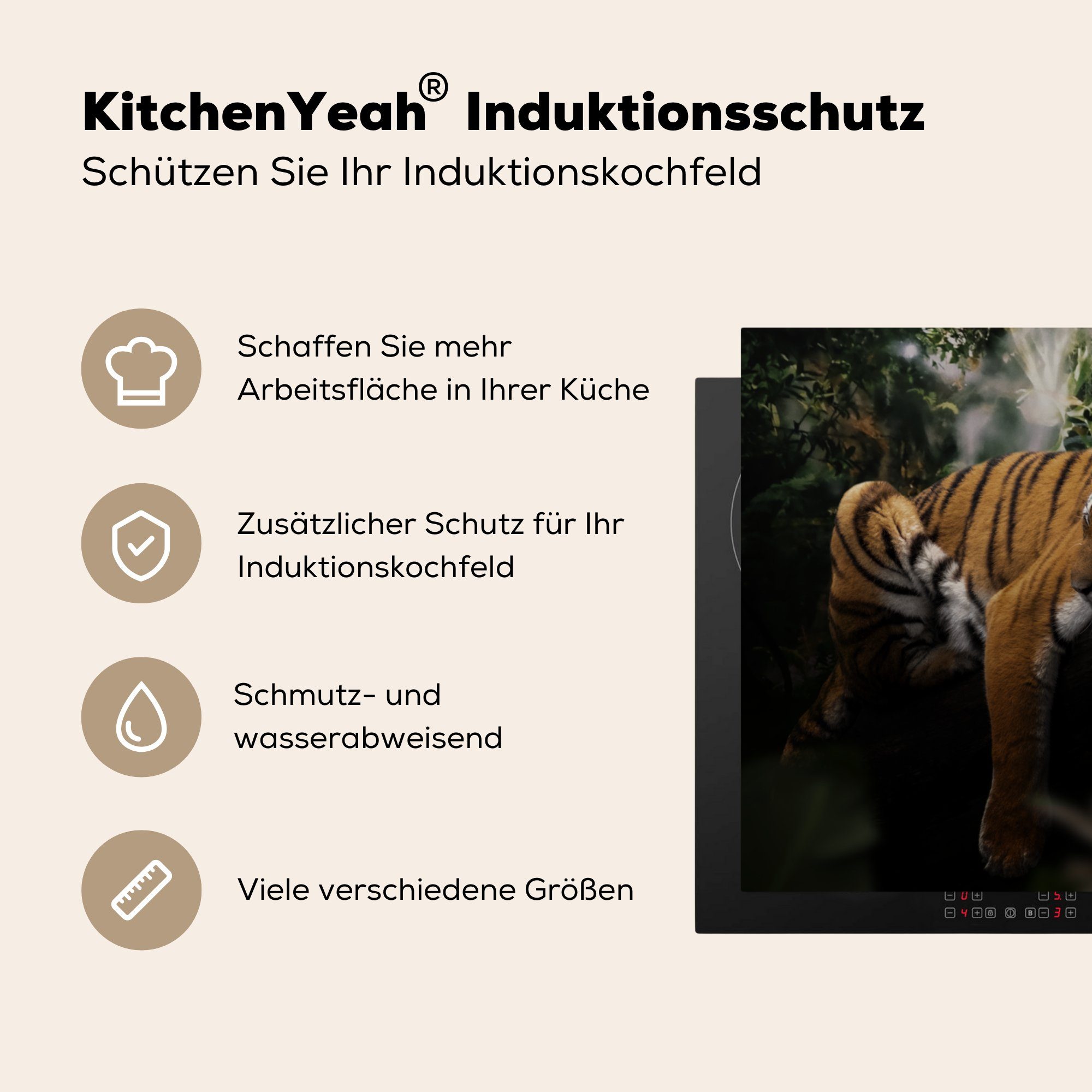 MuchoWow Herdblende-/Abdeckplatte Tiere - Tiger Ceranfeldabdeckung, 78x78 cm, für tlg), (1 küche Vinyl, Arbeitsplatte Dschungel, 